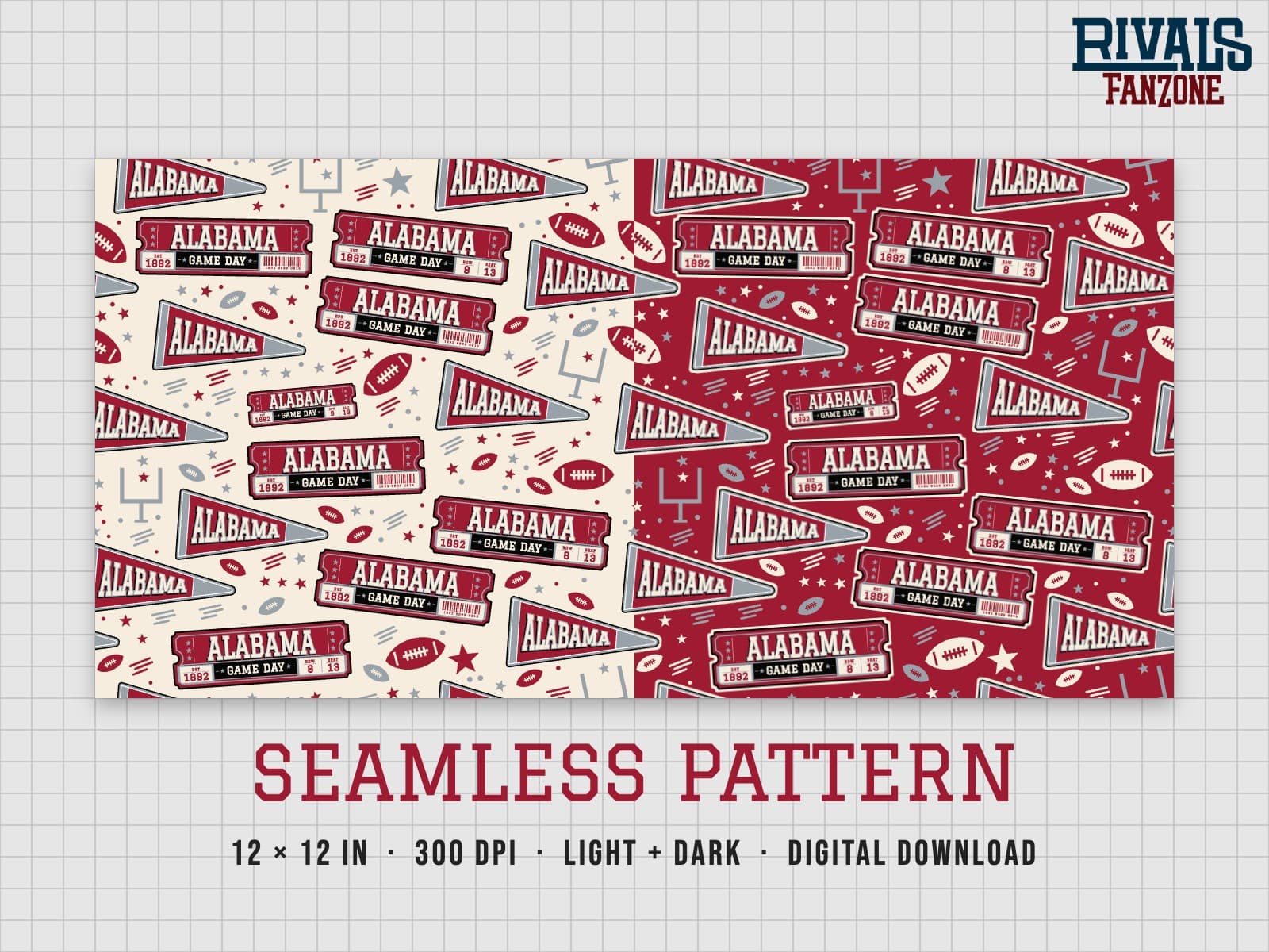 Alabama Football Seamless Pattern – 12x12 Digital Paper, Light & Dark — preview 1
