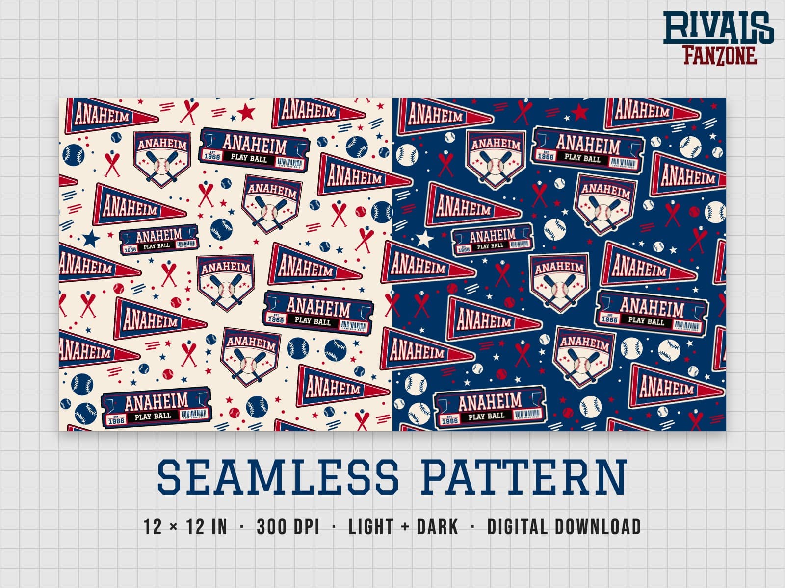 Anaheim Baseball Seamless Pattern – 12x12 Digital Paper, Light & Dark — preview 1