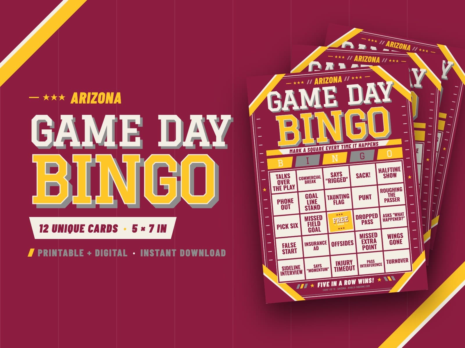 Arizona Football Bingo (Maroon & Gold) – 12 Card Pack — preview 1