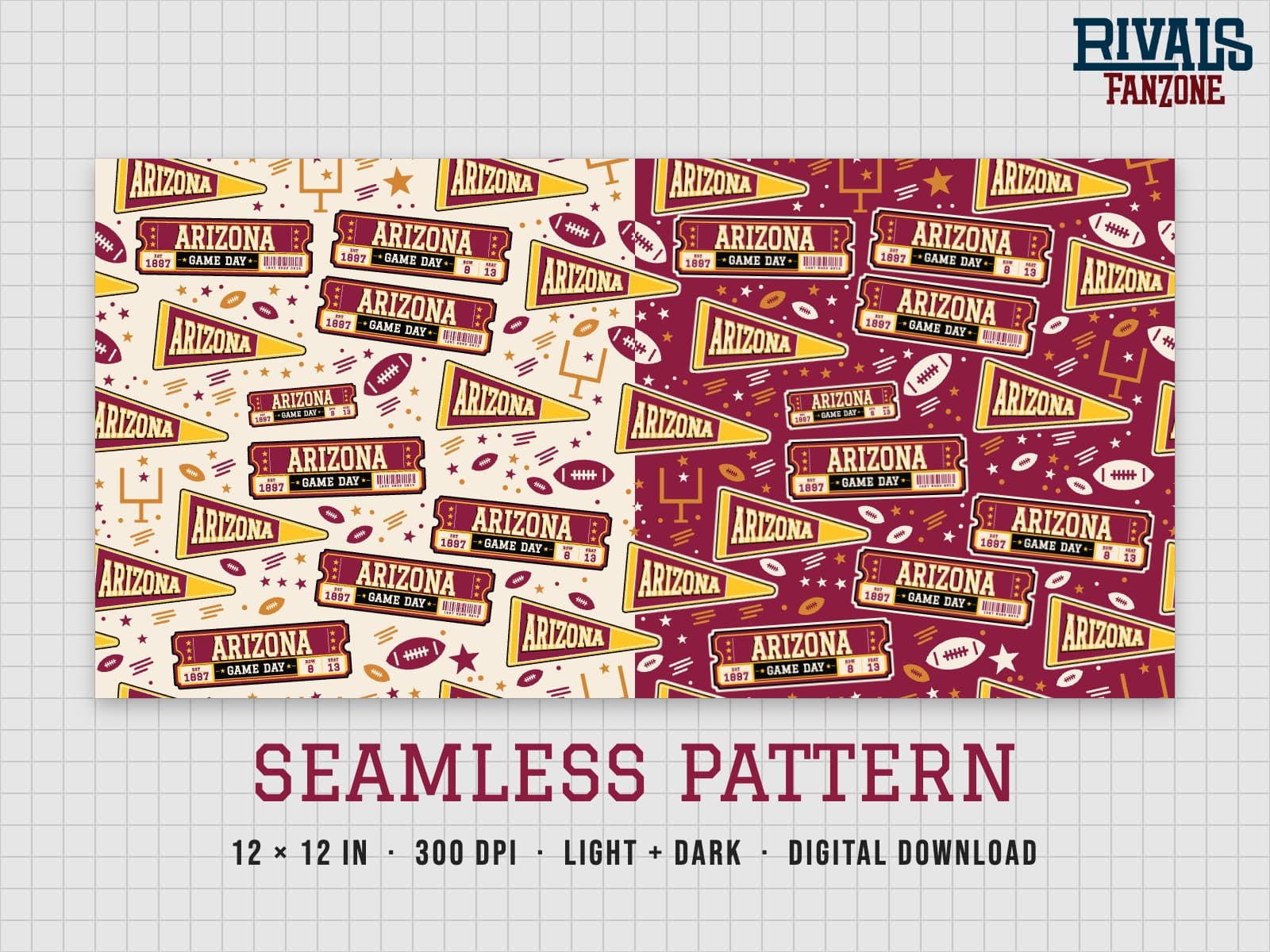 Arizona Football Seamless Pattern (Maroon & Gold) – 12x12 Digital Paper, Light & Dark — preview 1