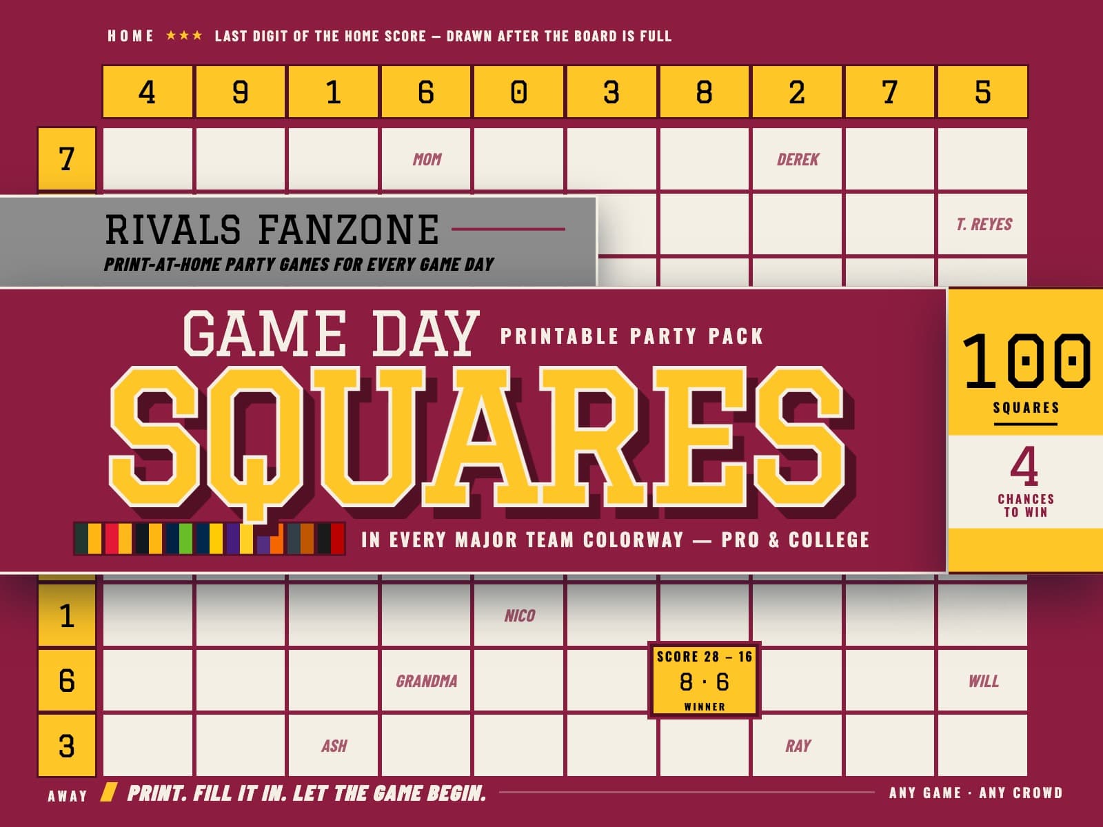 Arizona Football Squares (Maroon & Gold) — preview 1