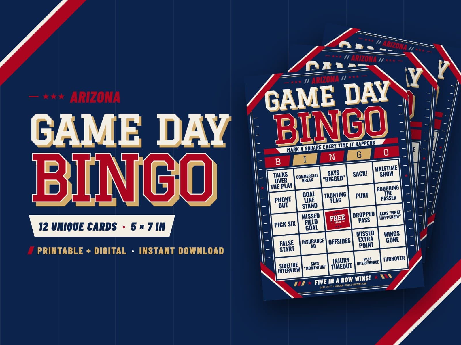 Arizona Football Bingo (Navy & Cardinal) – 12 Card Pack — preview 1