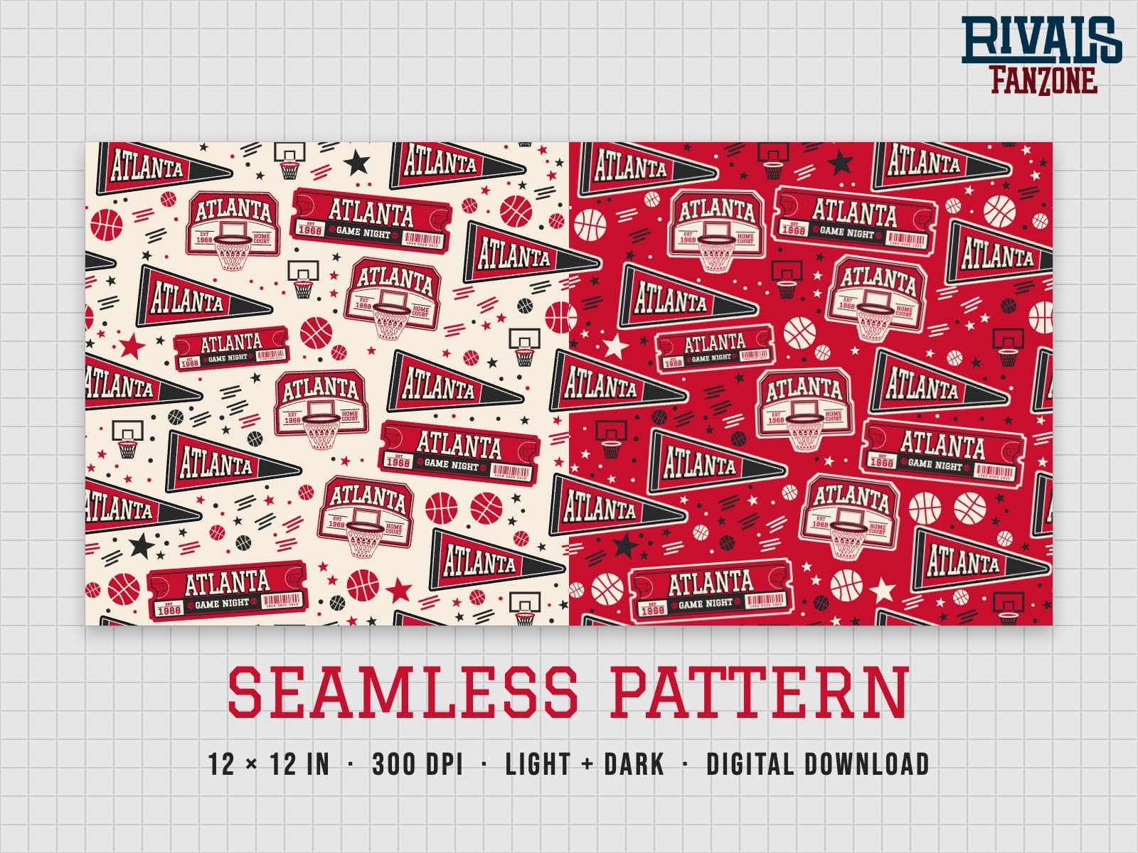 Atlanta Basketball Seamless Pattern – 12x12 Digital Paper, Light & Dark — preview 1