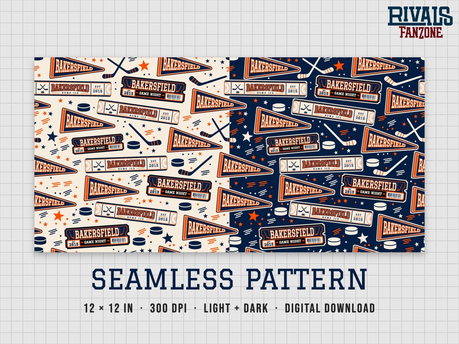 Bakersfield Farm Team Hockey Seamless Pattern – 12x12 Digital Paper, Light & Dark — preview 1