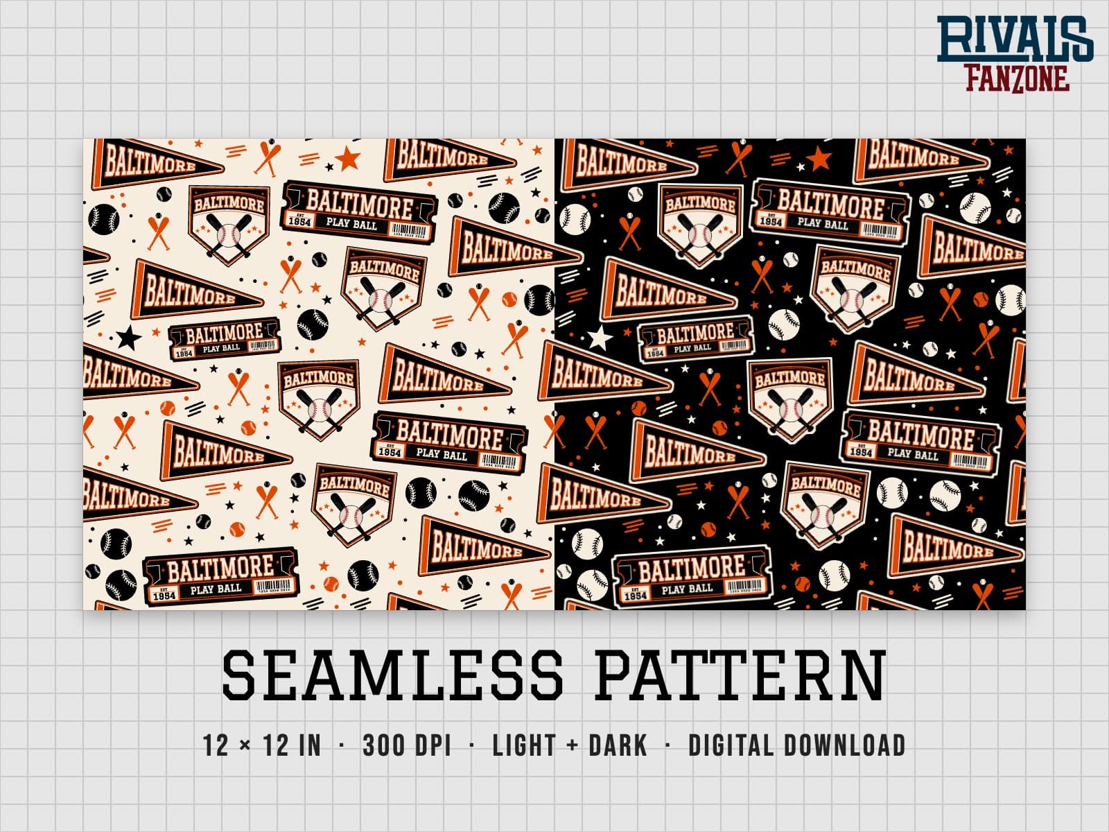 Baltimore Baseball Seamless Pattern – 12x12 Digital Paper, Light & Dark — preview 1