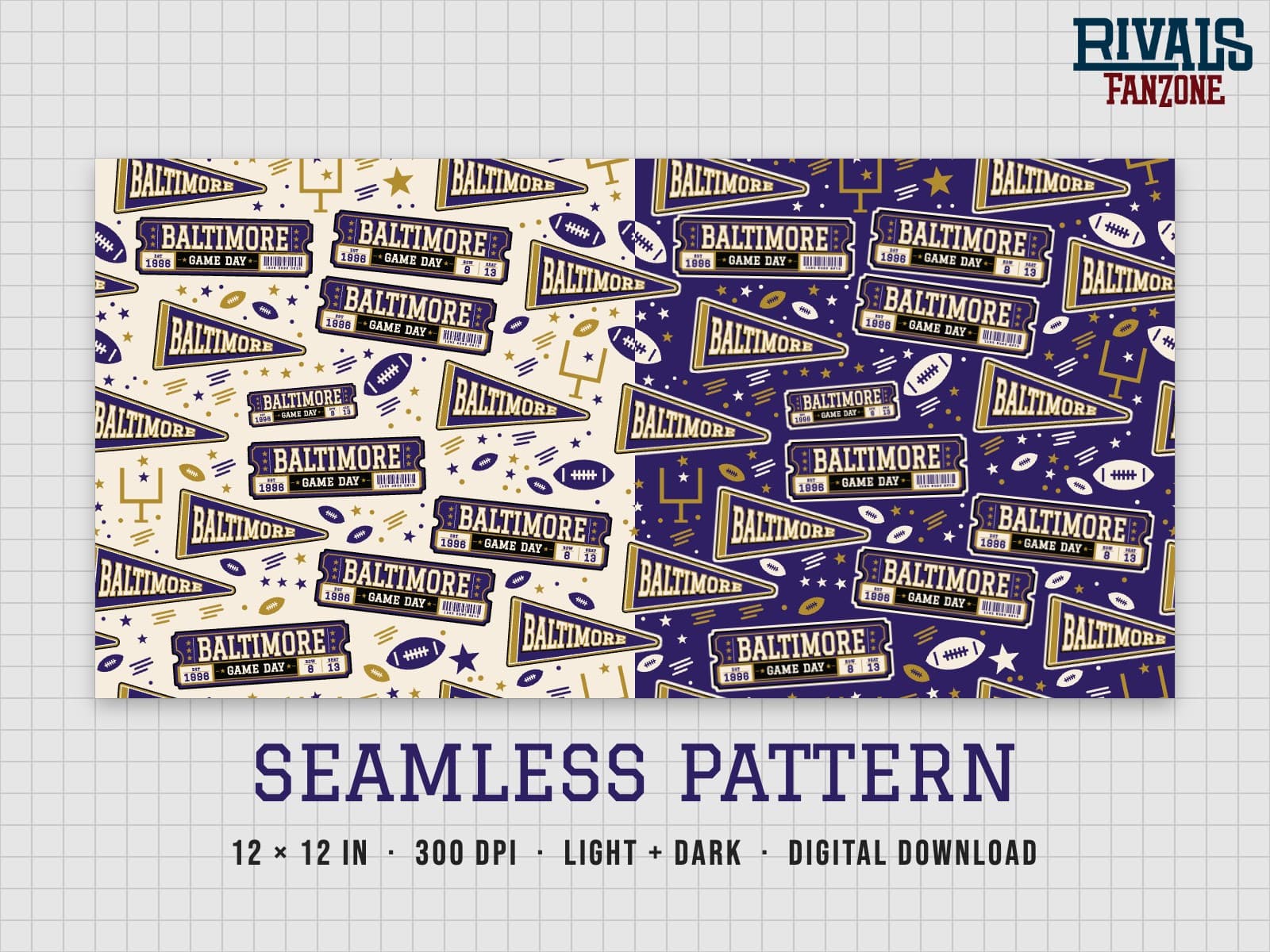 Baltimore Football Seamless Pattern – 12x12 Digital Paper, Light & Dark — preview 1