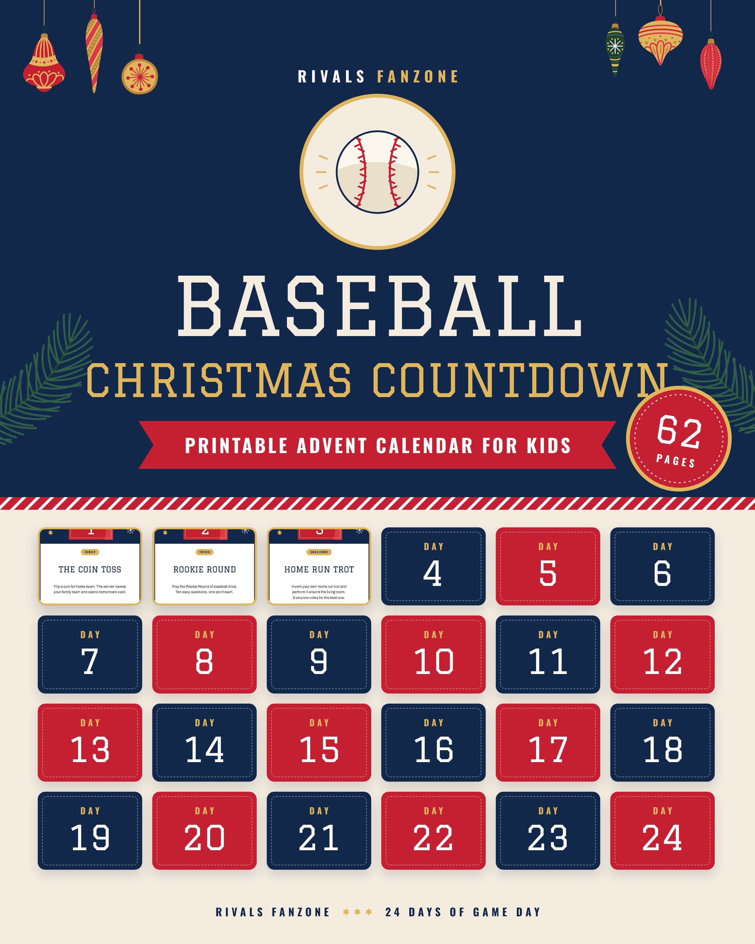 Baseball Christmas countdown for kids, 24 Days of Game Day printable, 62 pages