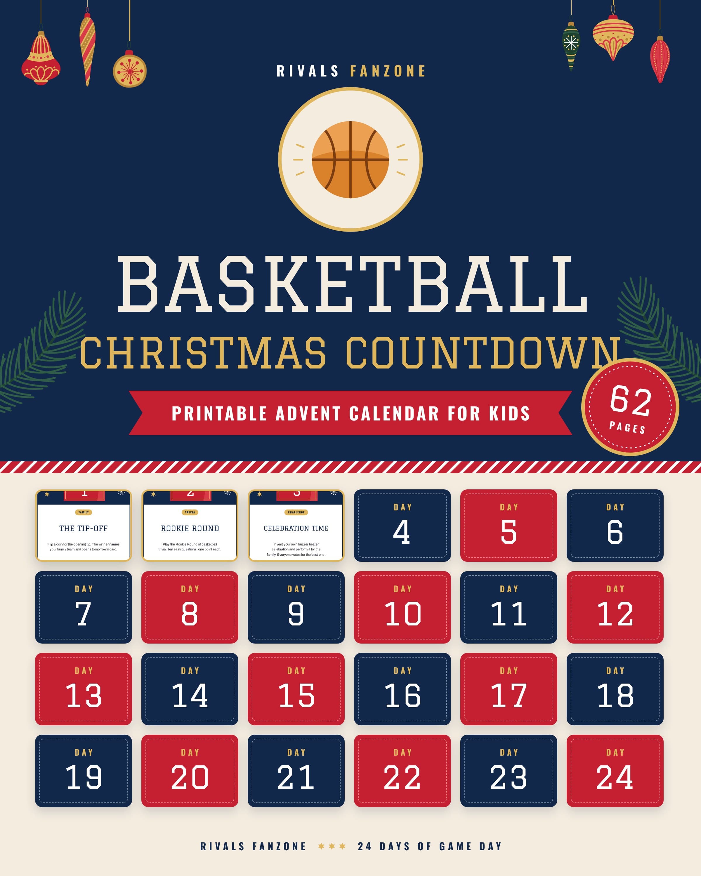Basketball Christmas countdown for kids, 24 Days of Game Day printable, 62 pages