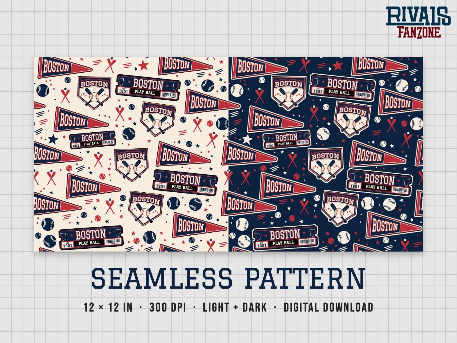 Boston Baseball Seamless Pattern – 12x12 Digital Paper, Light & Dark — preview 1