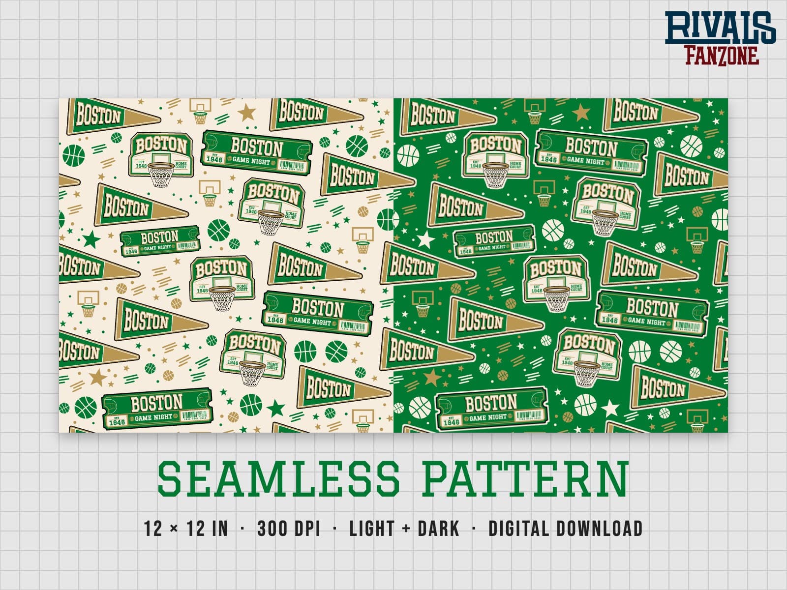 Boston Basketball Seamless Pattern – 12x12 Digital Paper, Light & Dark — preview 1