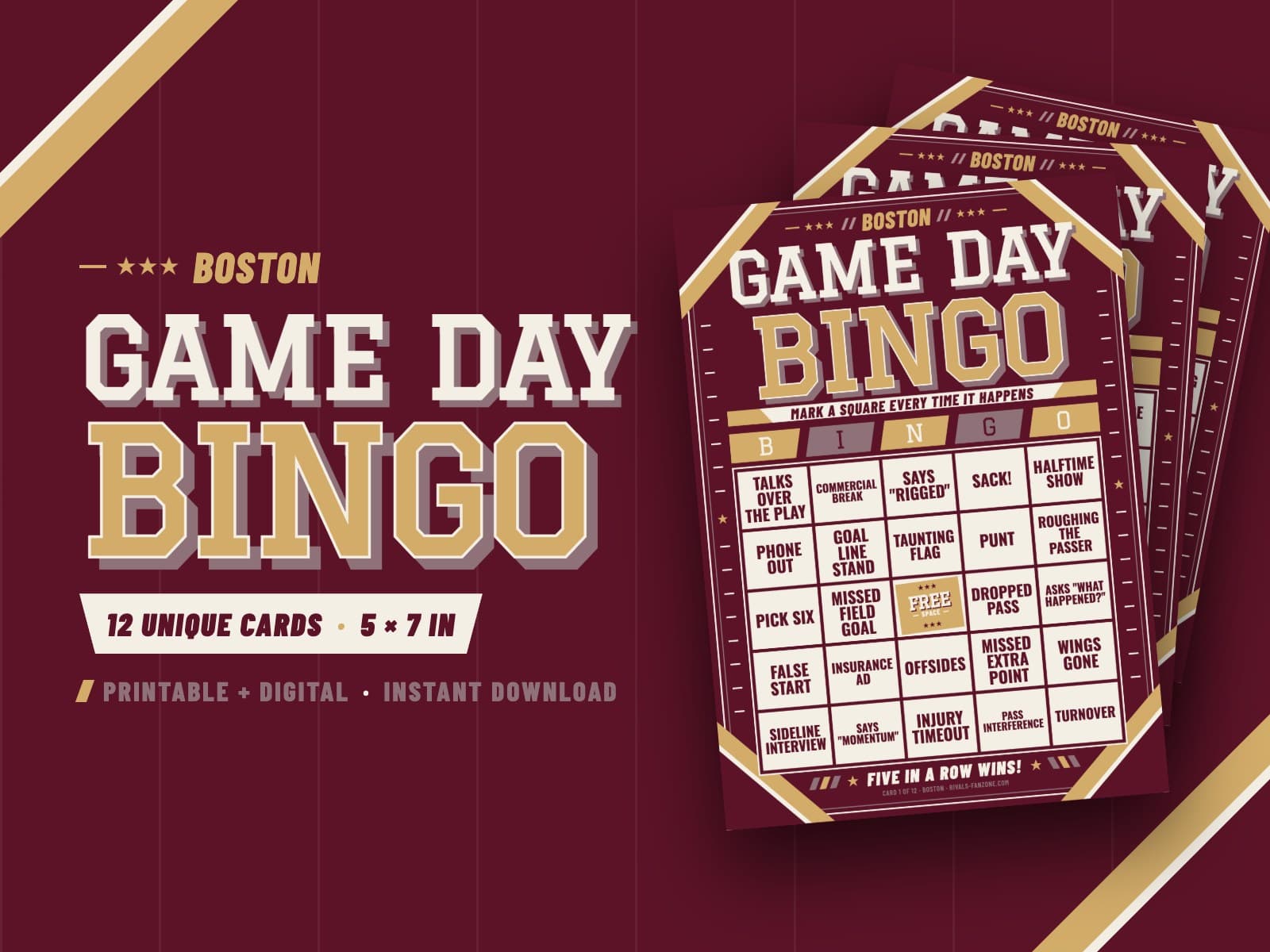 Boston Football Bingo – 12 Card Pack — preview 1