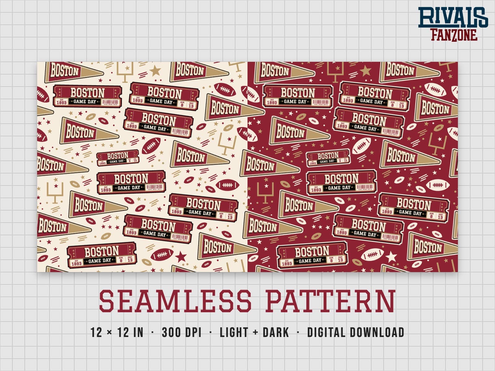 Boston Football Seamless Pattern – 12x12 Digital Paper, Light & Dark — preview 1