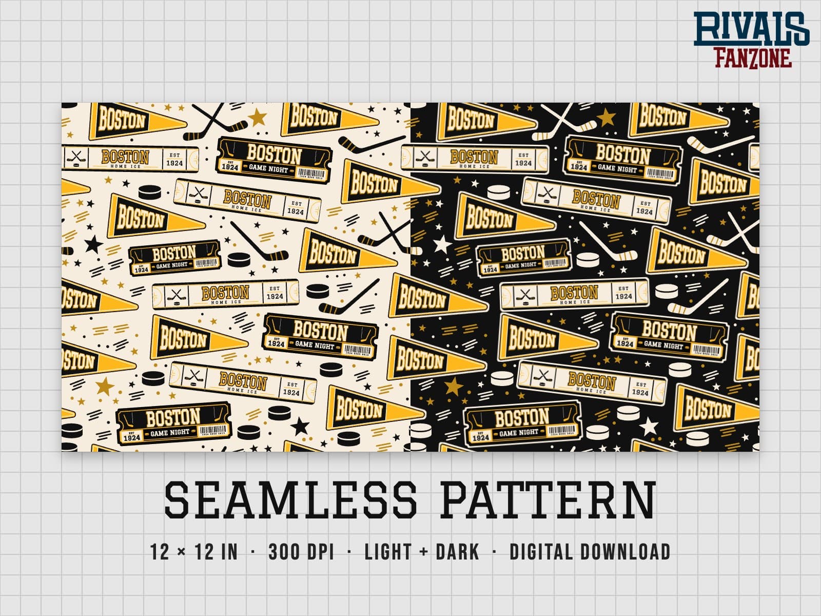 Boston Hockey Seamless Pattern – 12x12 Digital Paper, Light & Dark — preview 1