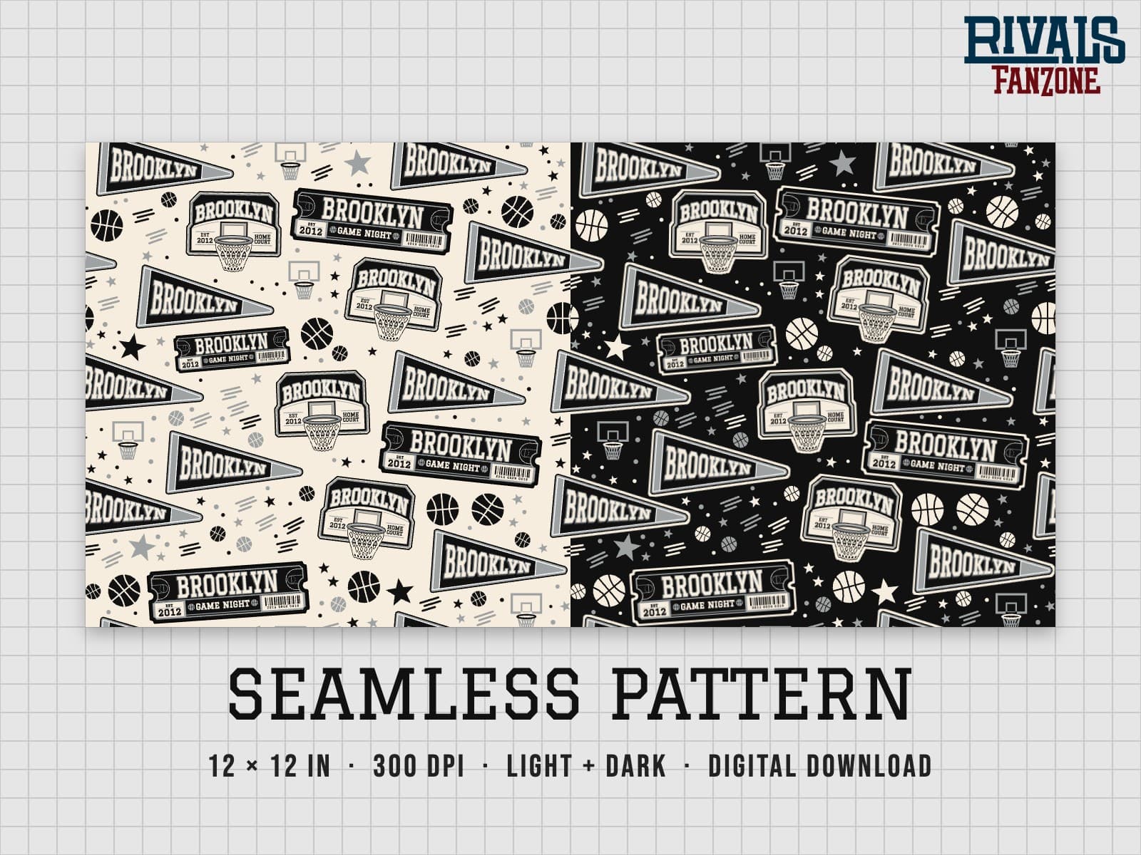 Brooklyn Basketball Seamless Pattern – 12x12 Digital Paper, Light & Dark — preview 1