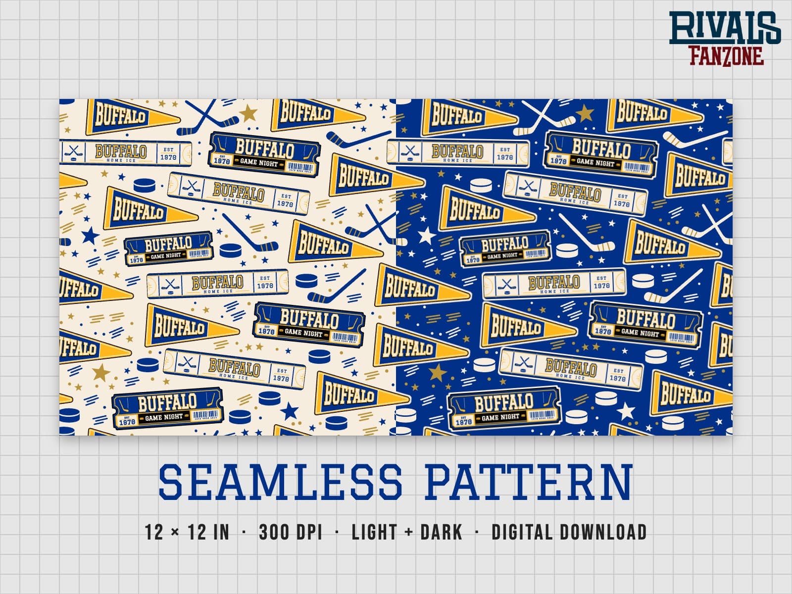 Buffalo Hockey Seamless Pattern – 12x12 Digital Paper, Light & Dark — preview 1