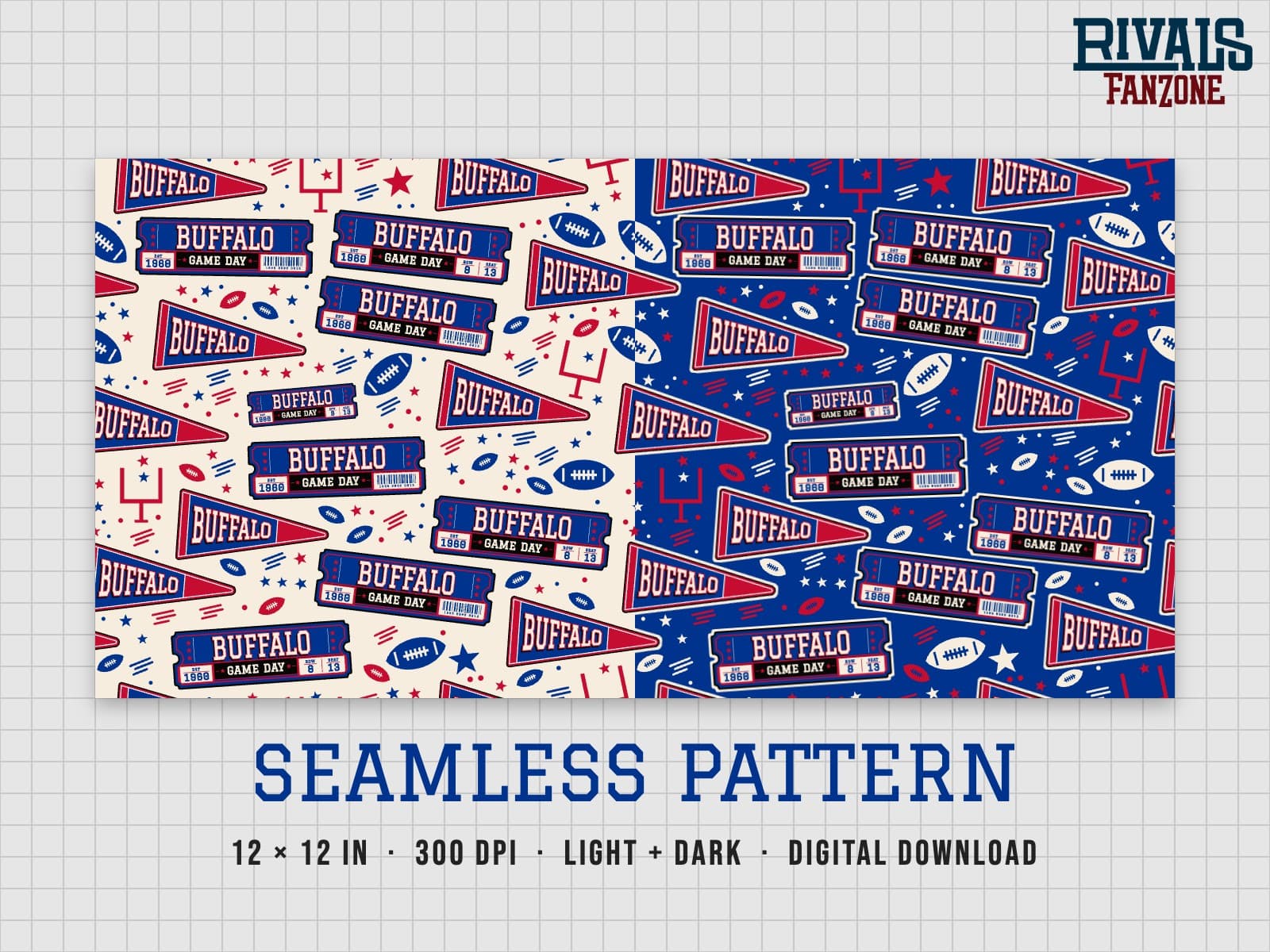 Buffalo Football Seamless Pattern – 12x12 Digital Paper, Light & Dark — preview 1