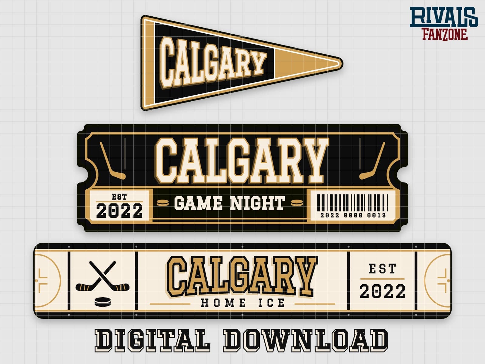 Calgary Farm Team Hockey Pennant, Ticket & Rink Sign SVG (Black & Gold) – Cricut Cut Files — preview 1
