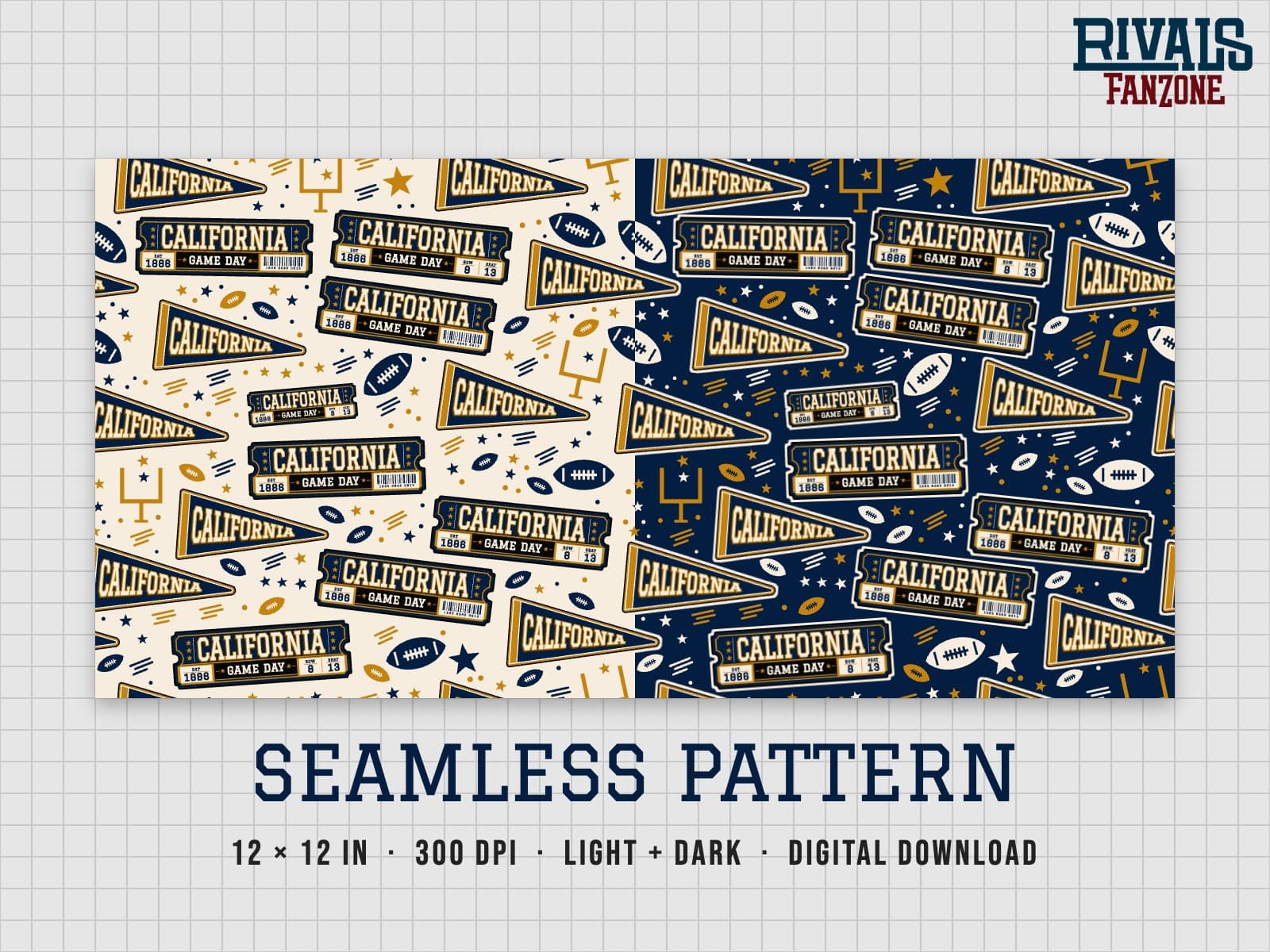 California Football Seamless Pattern – 12x12 Digital Paper, Light & Dark — preview 1