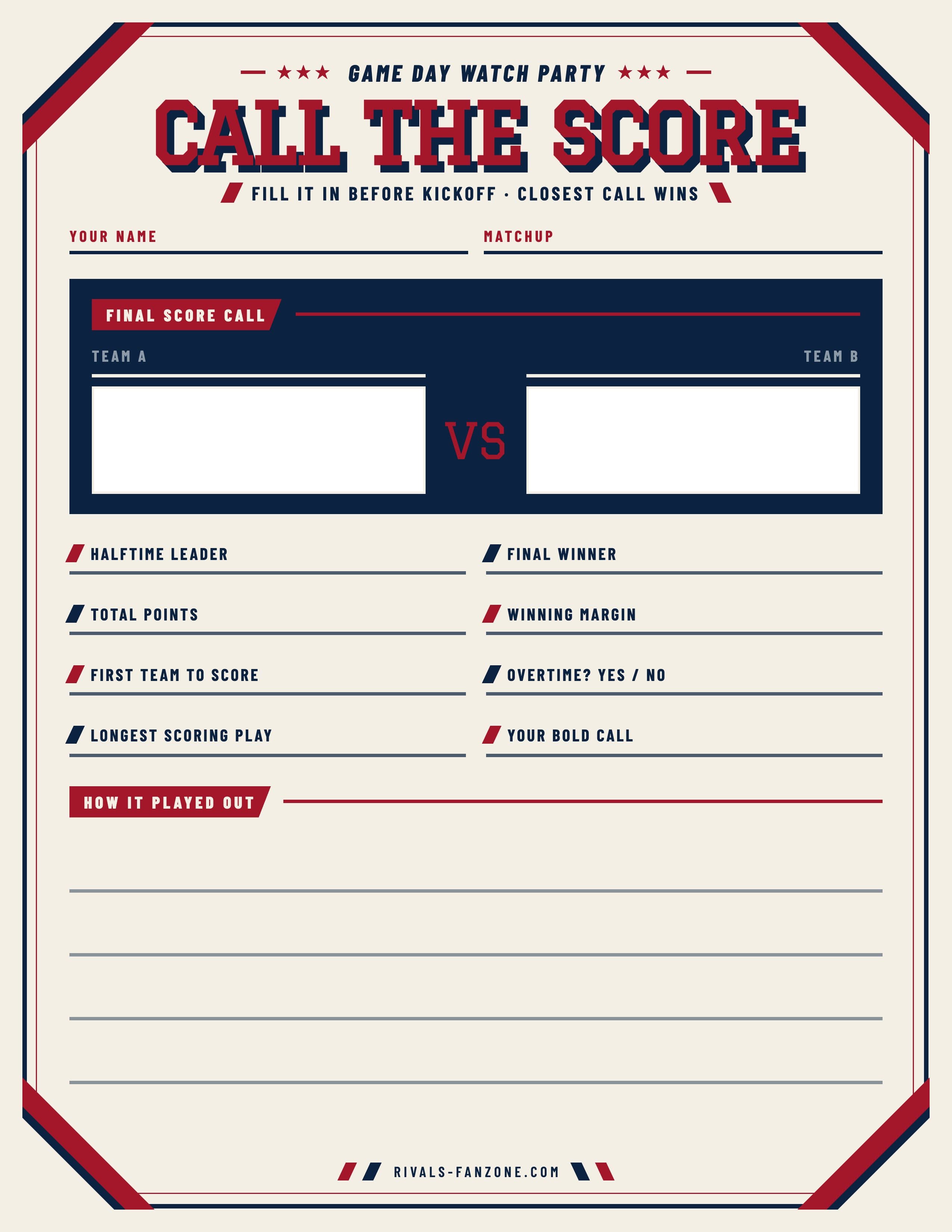 Call the Score – Printable Score Prediction Sheet