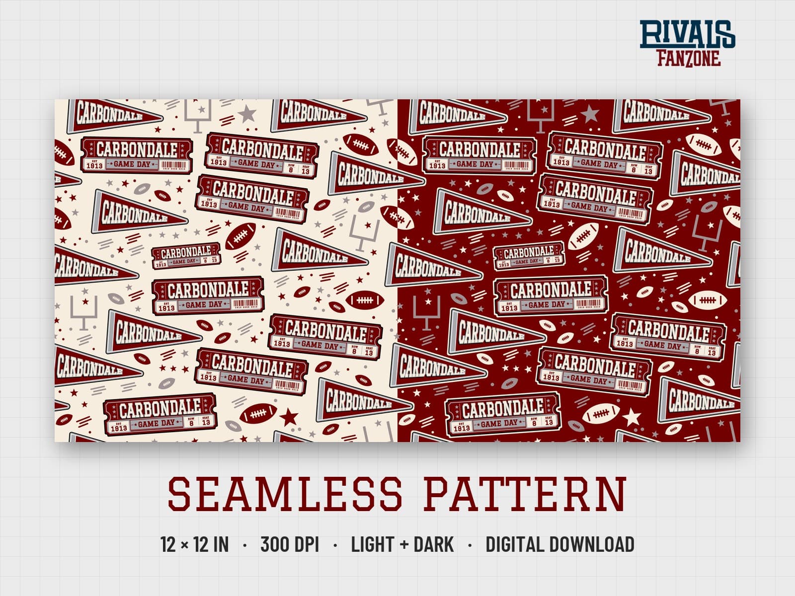 Carbondale Football Seamless Pattern – 12x12 Digital Paper, Light & Dark — preview 1