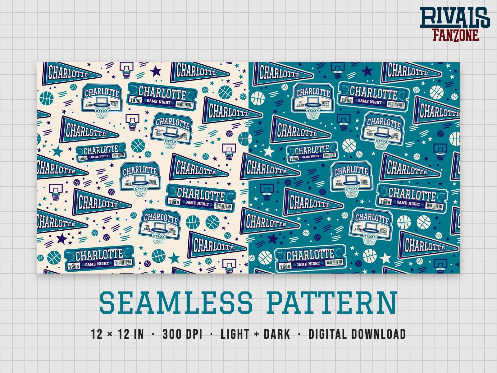 Charlotte Basketball Seamless Pattern – 12x12 Digital Paper, Light & Dark — preview 1