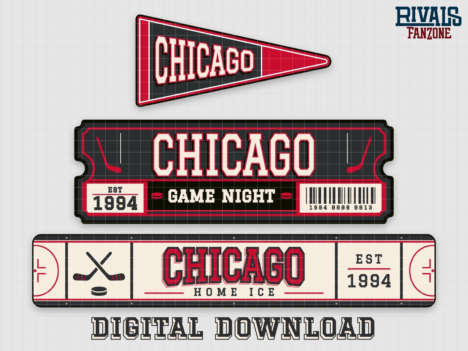 Chicago Farm Team Hockey Pennant, Ticket & Rink Sign SVG (Grey & Red) – Cricut Cut Files — preview 1