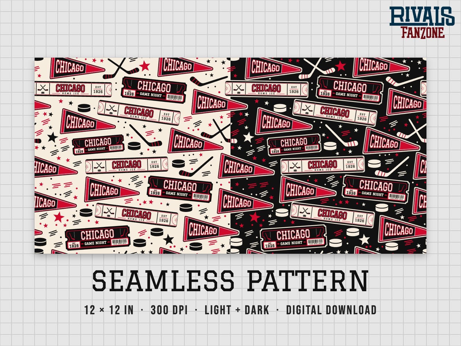 Chicago Hockey Seamless Pattern – 12x12 Digital Paper, Light & Dark — preview 1