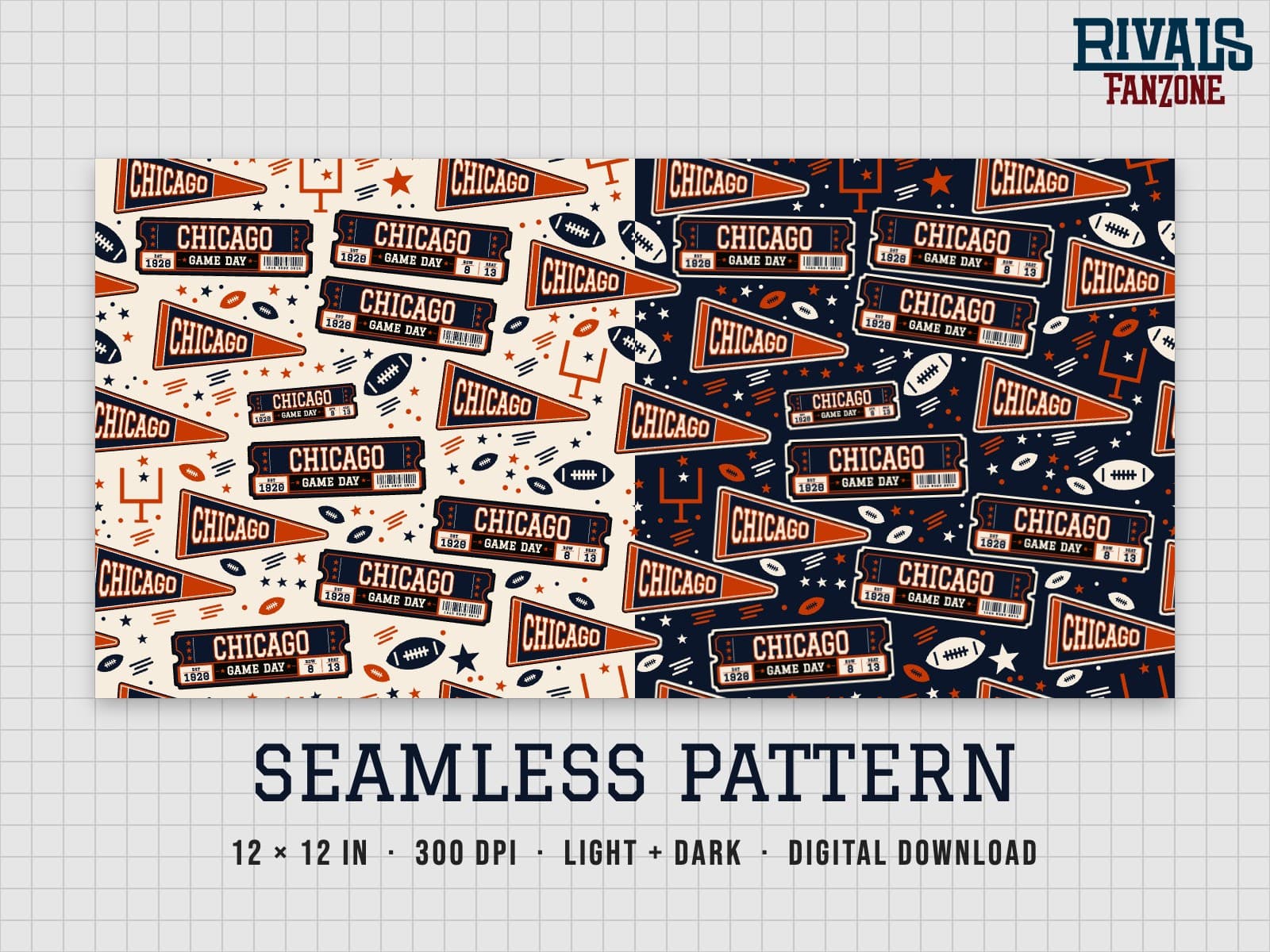Chicago Football Seamless Pattern – 12x12 Digital Paper, Light & Dark — preview 1