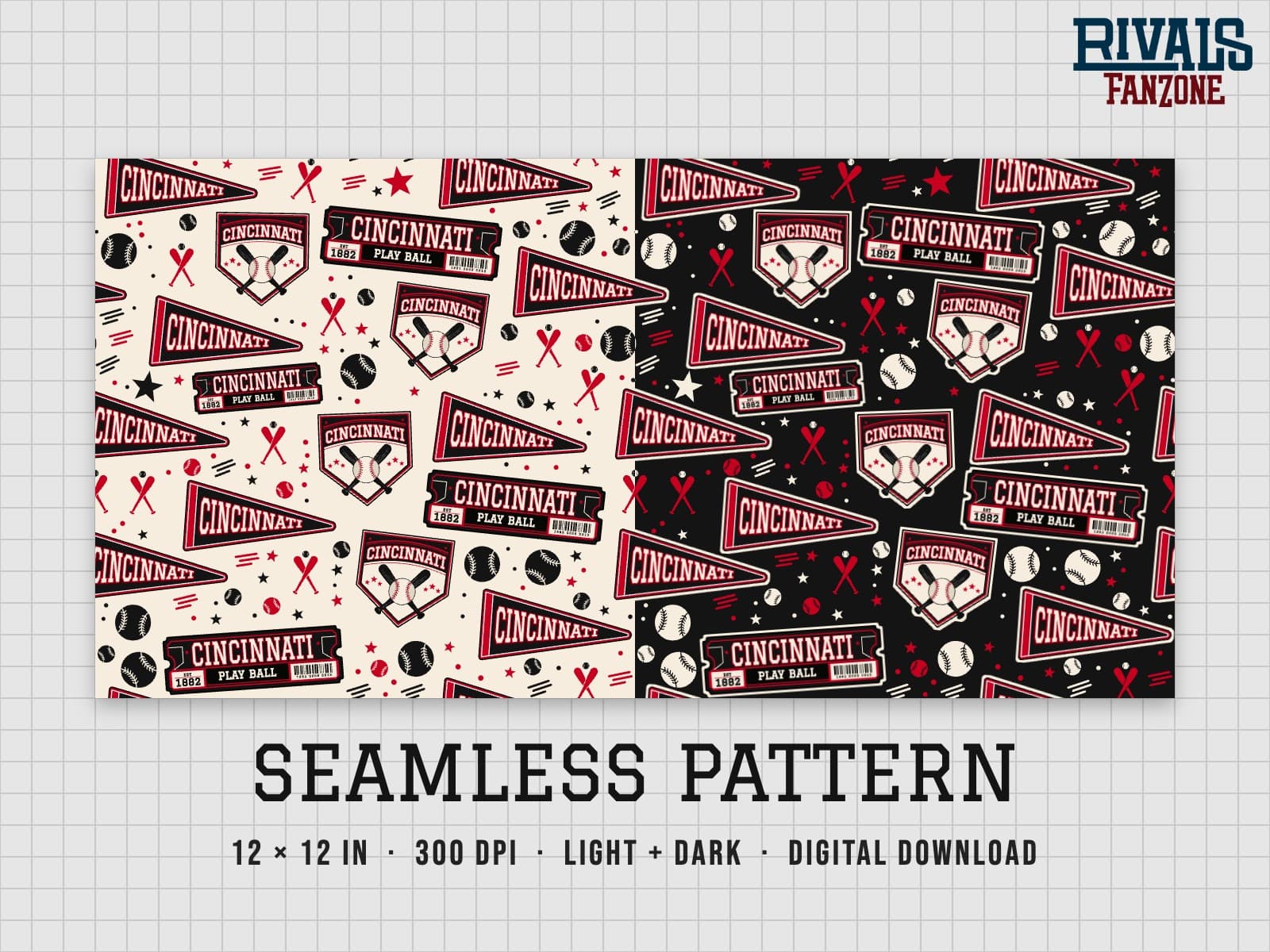 Cincinnati Baseball Seamless Pattern – 12x12 Digital Paper, Light & Dark — preview 1