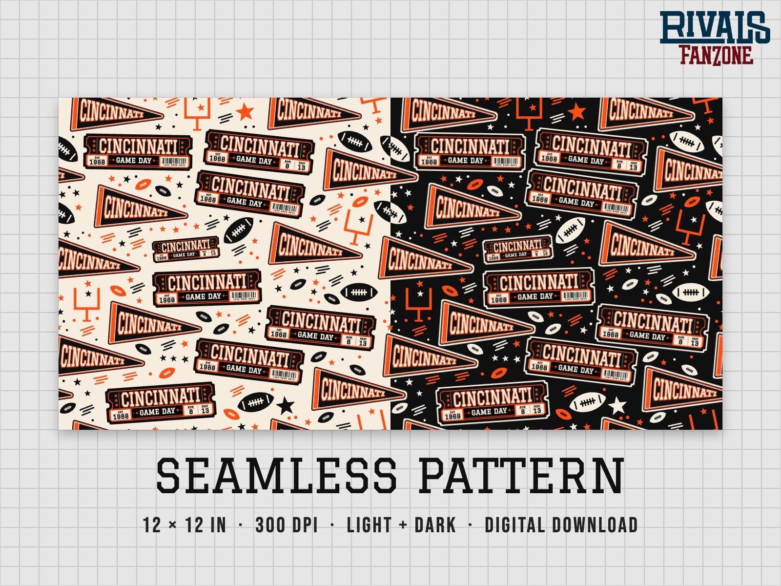 Cincinnati Football Seamless Pattern – 12x12 Digital Paper, Light & Dark — preview 1