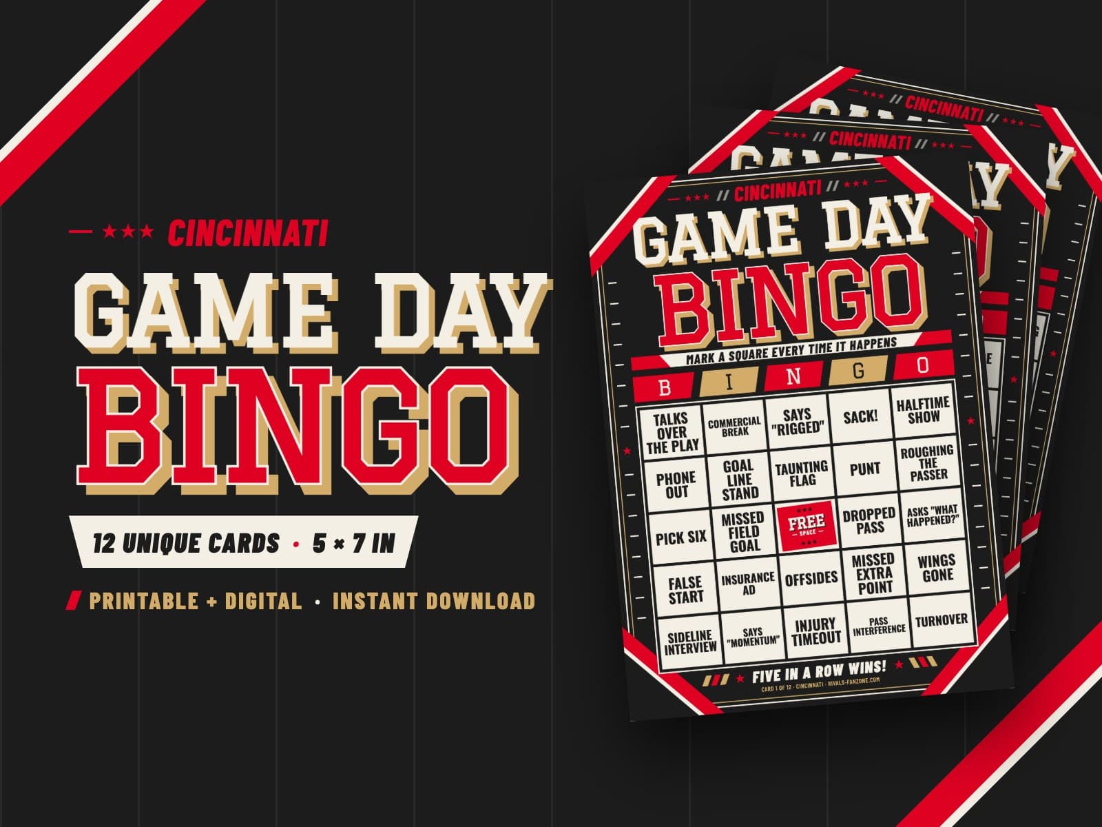 Cincinnati Football Bingo (Red & Black) – 12 Card Pack — preview 1