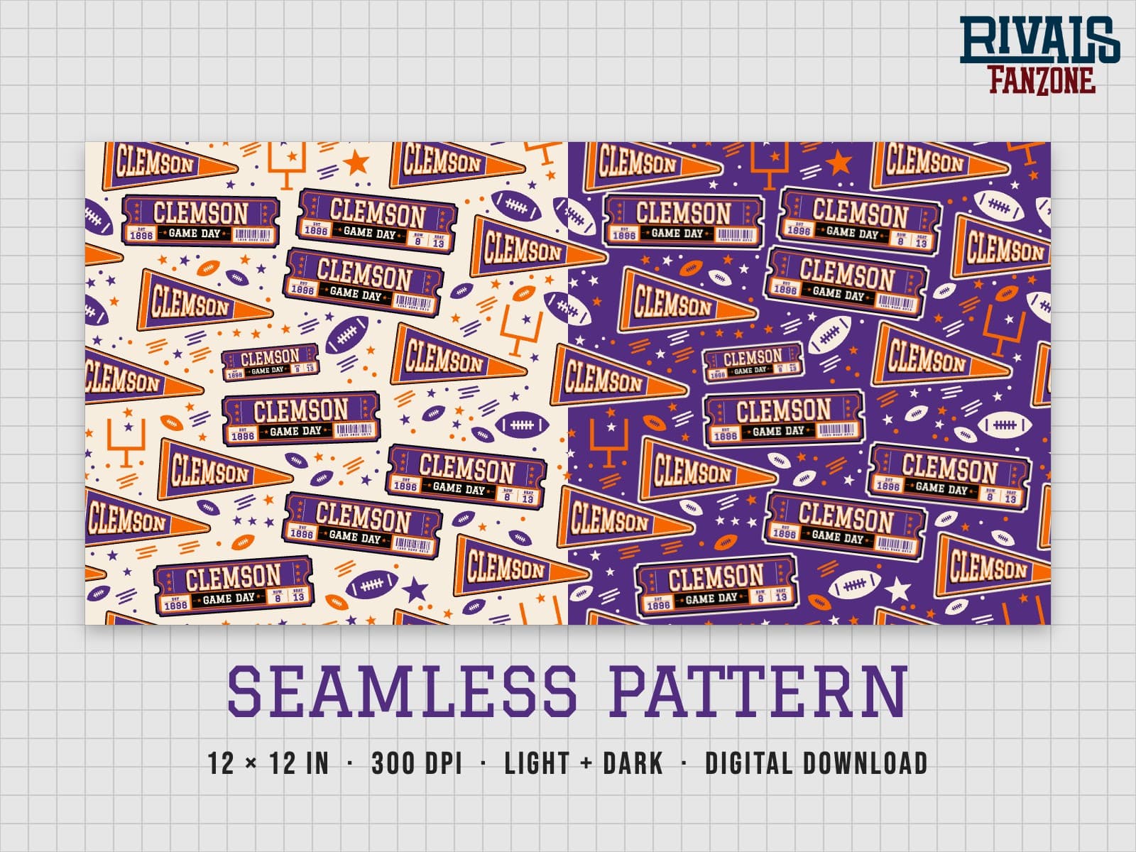 Clemson Football Seamless Pattern – 12x12 Digital Paper, Light & Dark — preview 1