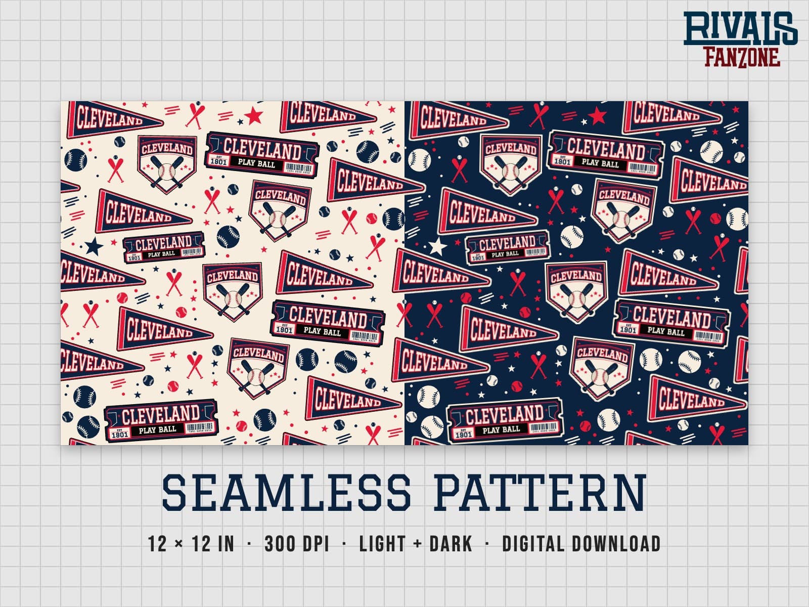 Cleveland Baseball Seamless Pattern – 12x12 Digital Paper, Light & Dark — preview 1
