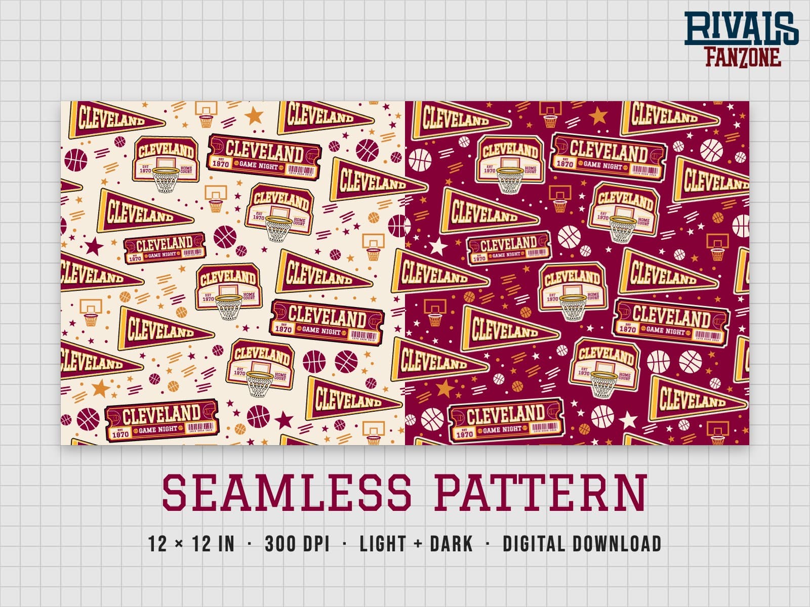 Cleveland Basketball Seamless Pattern – 12x12 Digital Paper, Light & Dark — preview 1