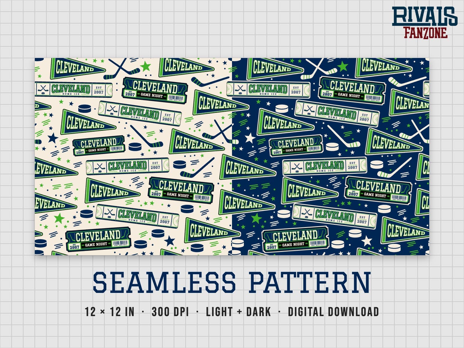 Cleveland Farm Team Hockey Seamless Pattern – 12x12 Digital Paper, Light & Dark — preview 1
