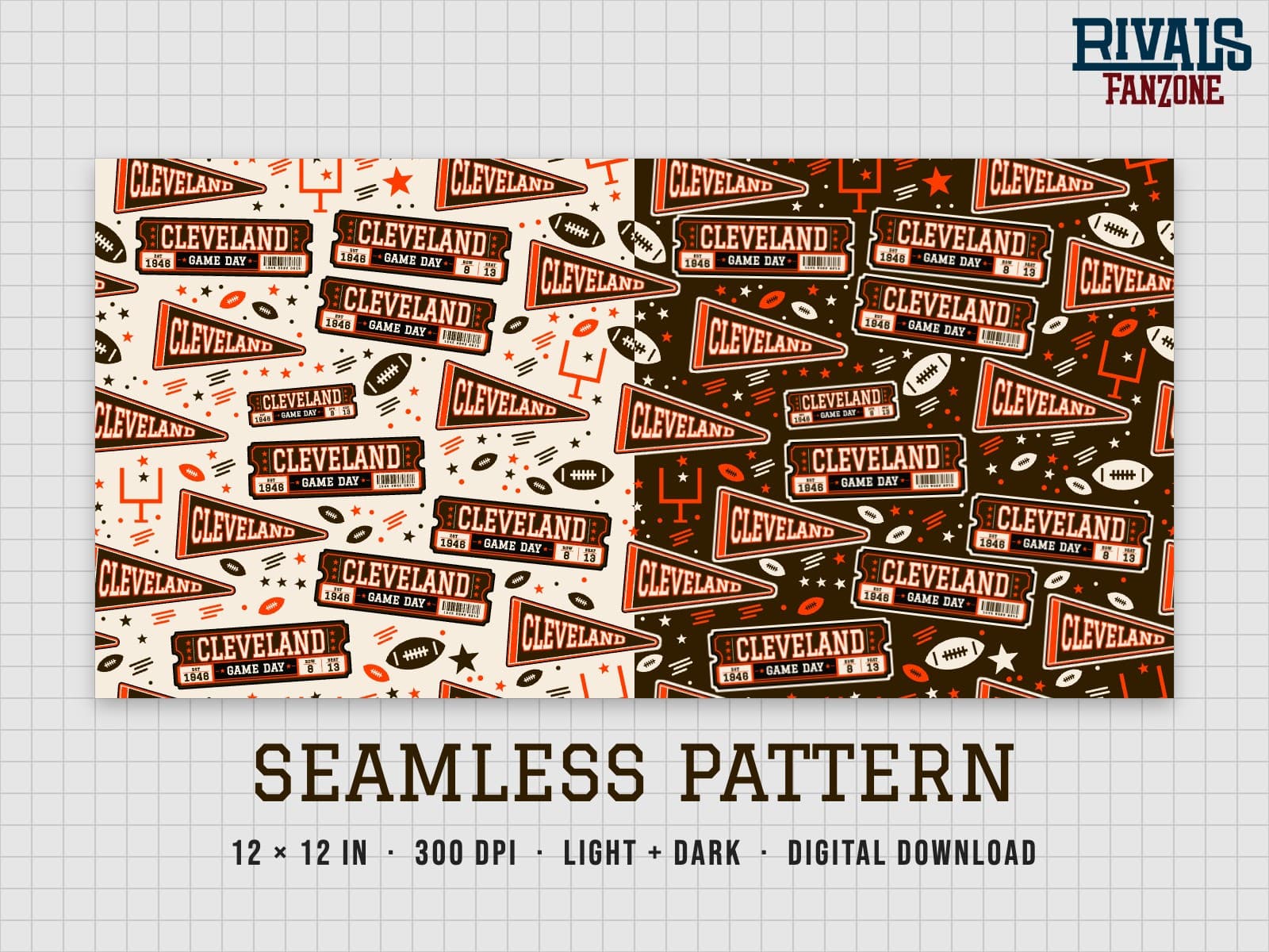 Cleveland Football Seamless Pattern – 12x12 Digital Paper, Light & Dark — preview 1