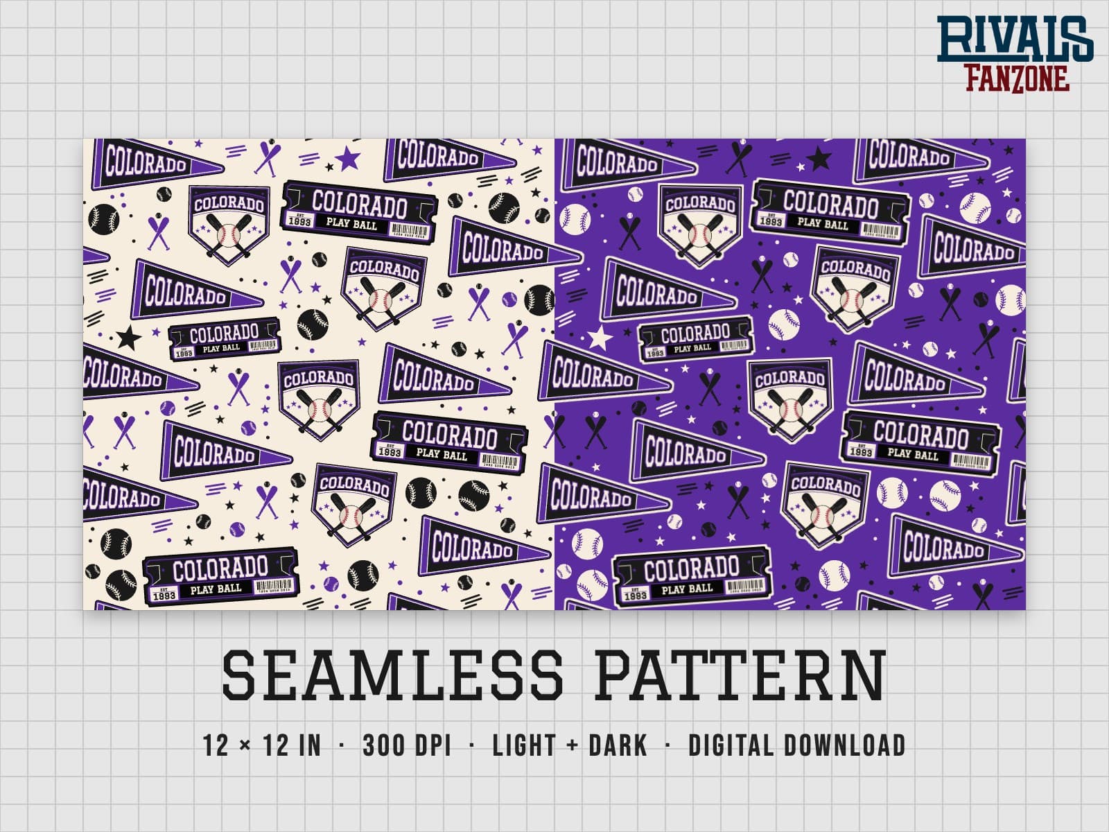 Colorado Baseball Seamless Pattern – 12x12 Digital Paper, Light & Dark — preview 1