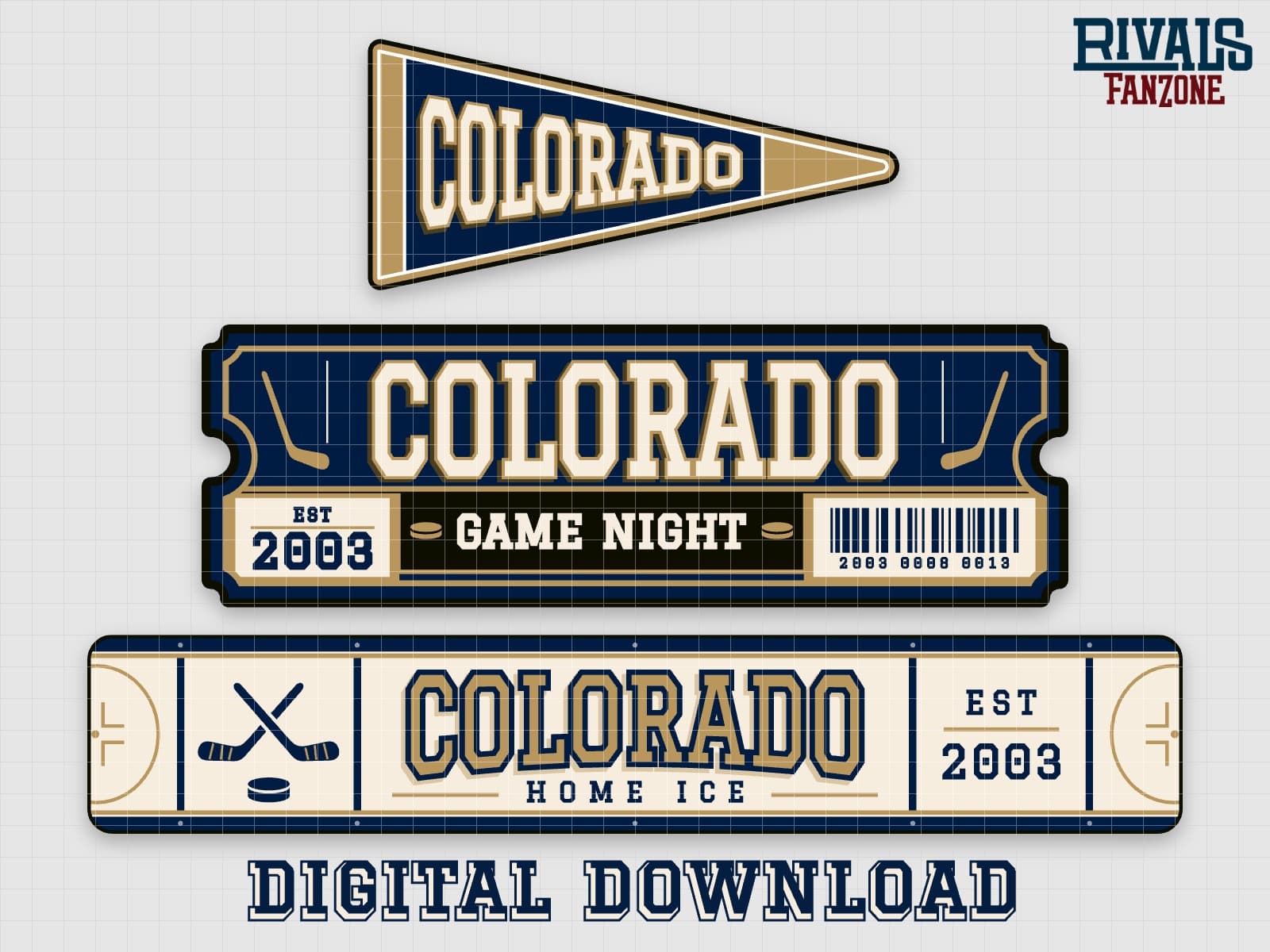 Colorado Farm Team Hockey Pennant, Ticket & Rink Sign SVG (Navy & Gold) – Cricut Cut Files — preview 1