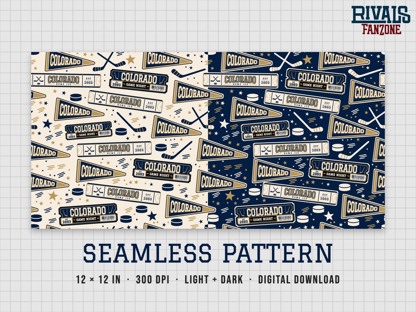 Colorado Farm Team Hockey Seamless Pattern (Navy & Gold) – 12x12 Digital Paper, Light & Dark — preview 1