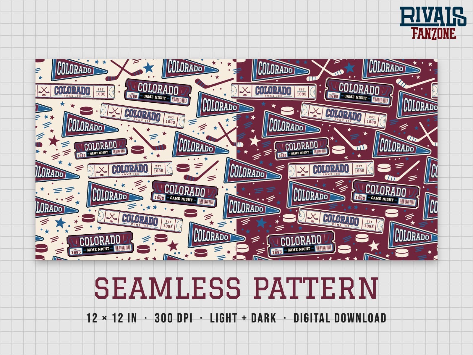 Colorado Hockey Seamless Pattern – 12x12 Digital Paper, Light & Dark — preview 1