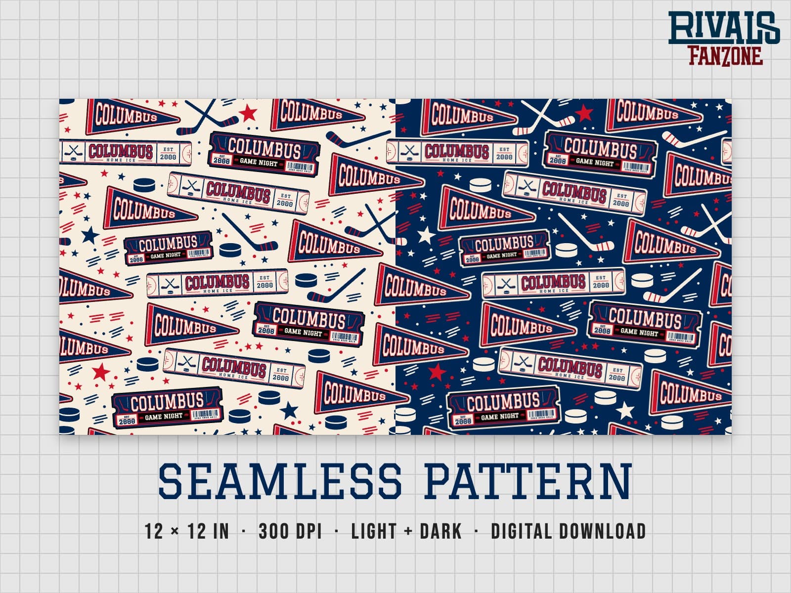 Columbus Hockey Seamless Pattern – 12x12 Digital Paper, Light & Dark — preview 1