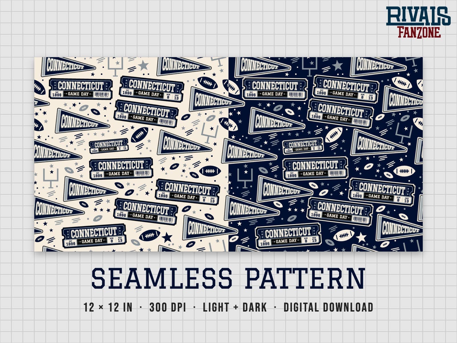 Connecticut Football Seamless Pattern – 12x12 Digital Paper, Light & Dark — preview 1