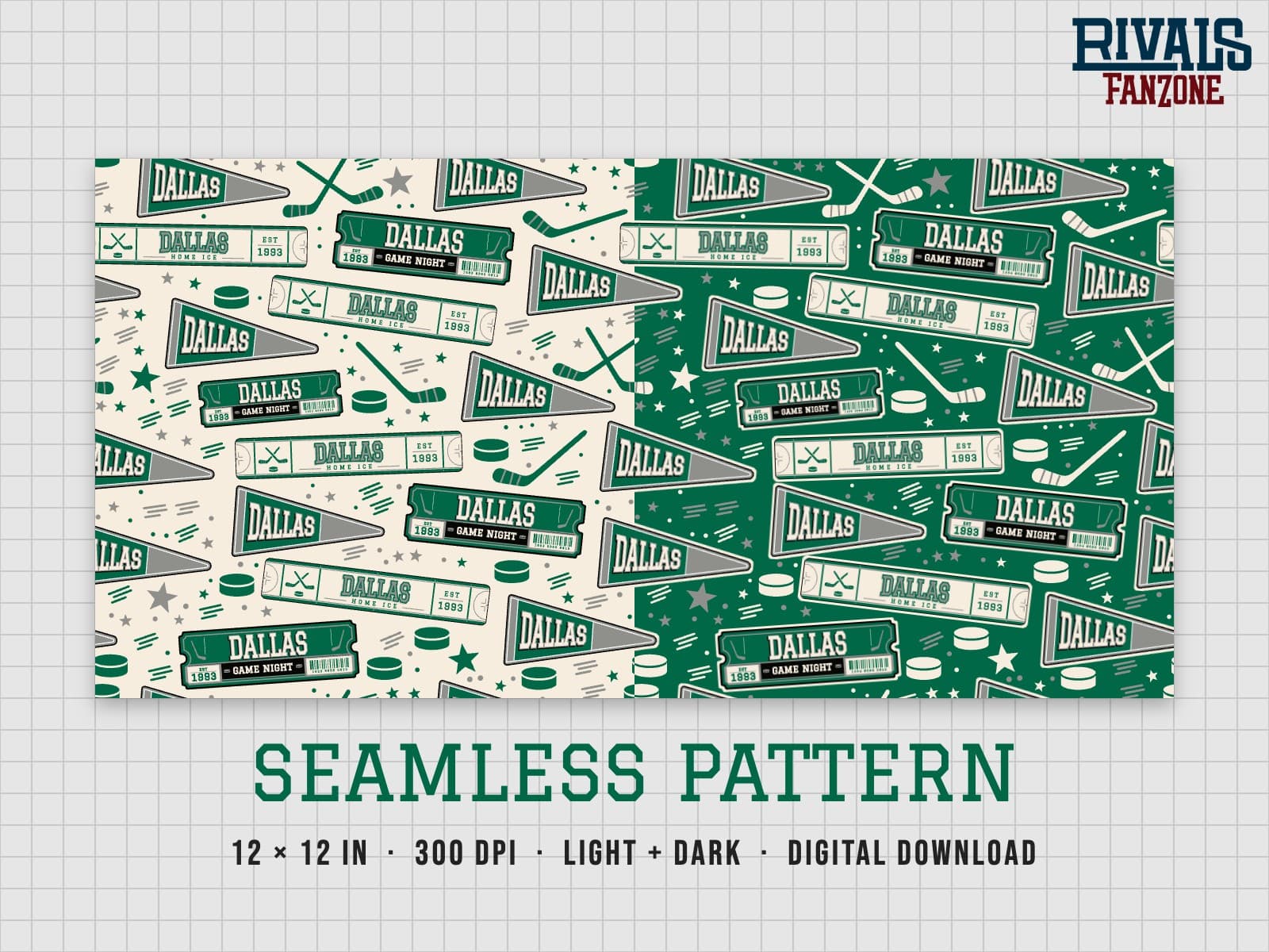 Dallas Hockey Seamless Pattern – 12x12 Digital Paper, Light & Dark — preview 1