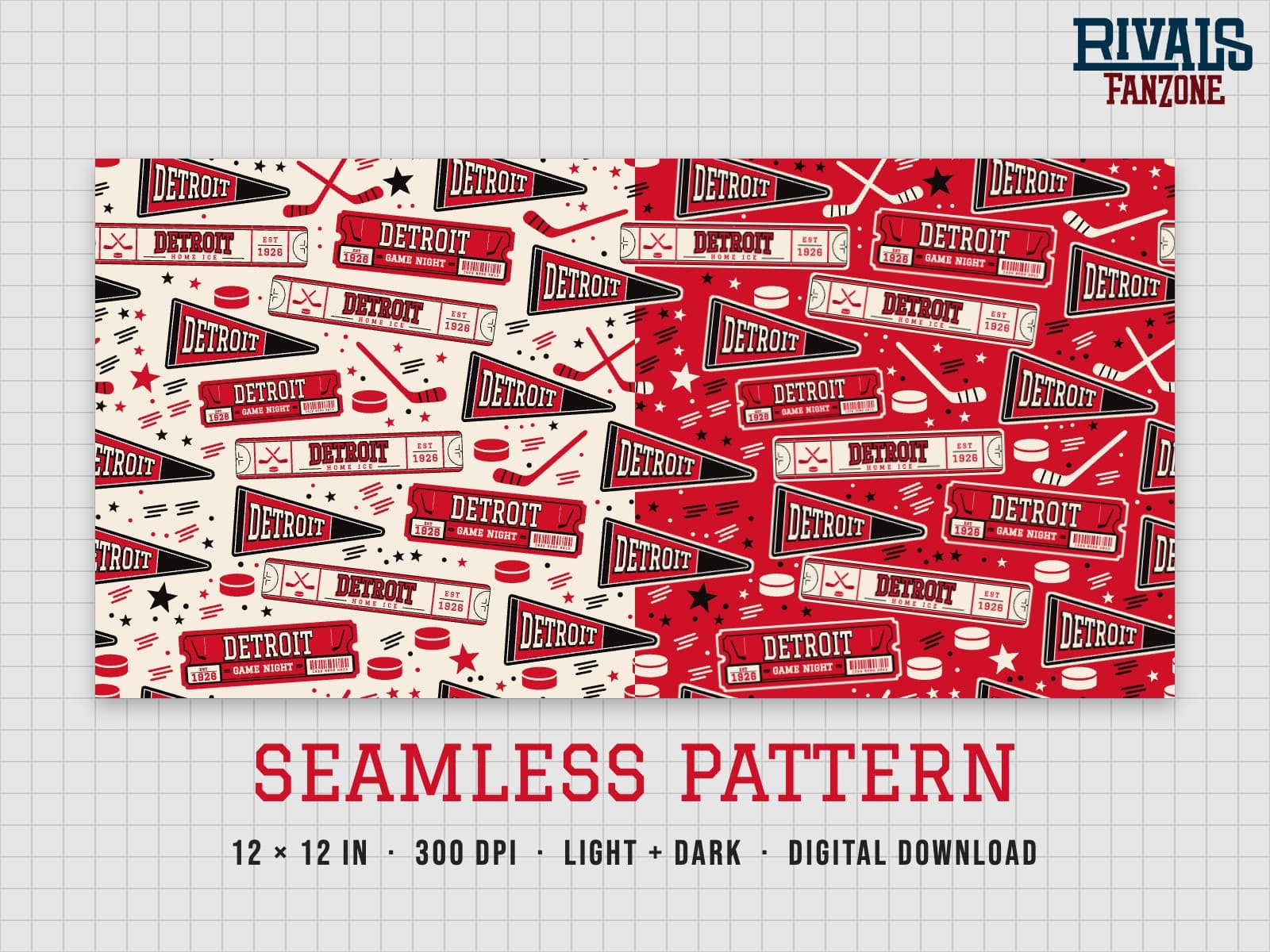 Detroit Hockey Seamless Pattern – 12x12 Digital Paper, Light & Dark — preview 1