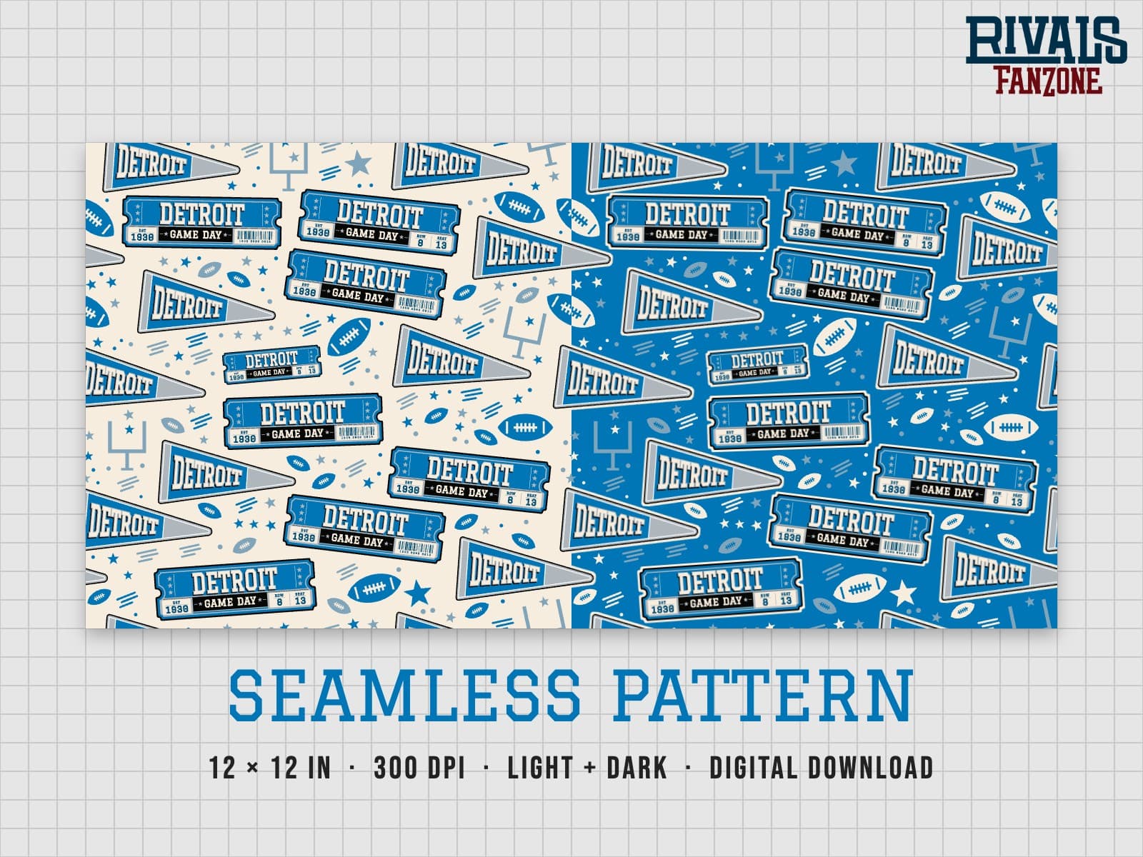 Detroit Football Seamless Pattern – 12x12 Digital Paper, Light & Dark — preview 1