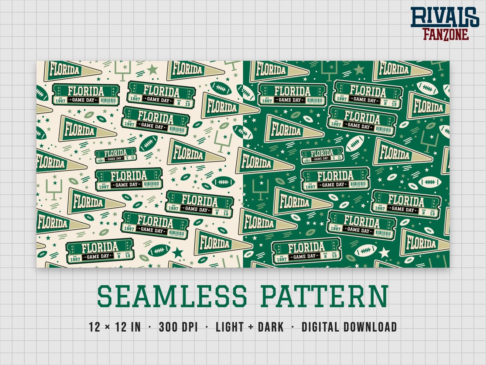 Florida Football Seamless Pattern (Green & Gold) – 12x12 Digital Paper, Light & Dark — preview 1
