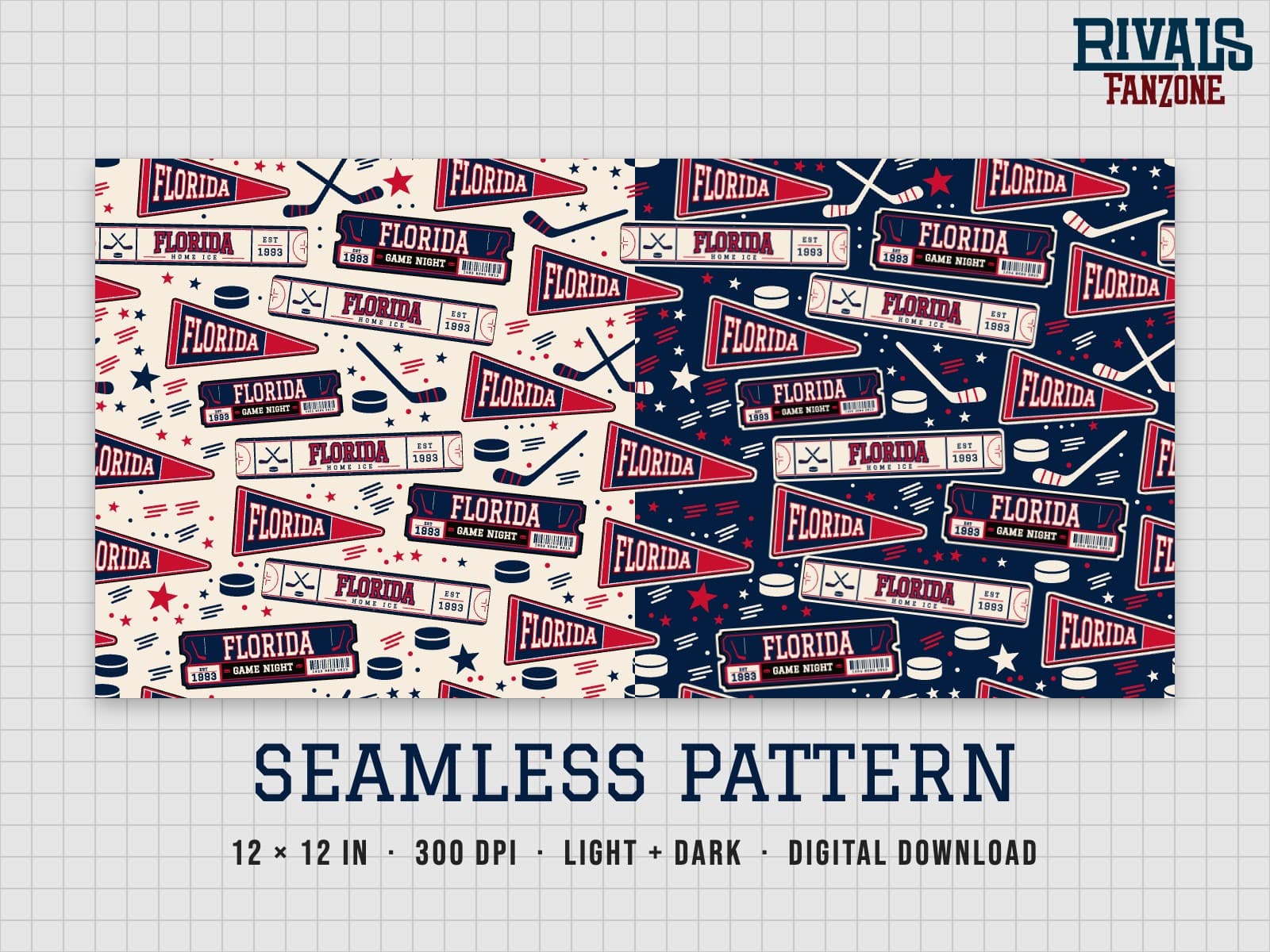 Florida Hockey Seamless Pattern – 12x12 Digital Paper, Light & Dark — preview 1