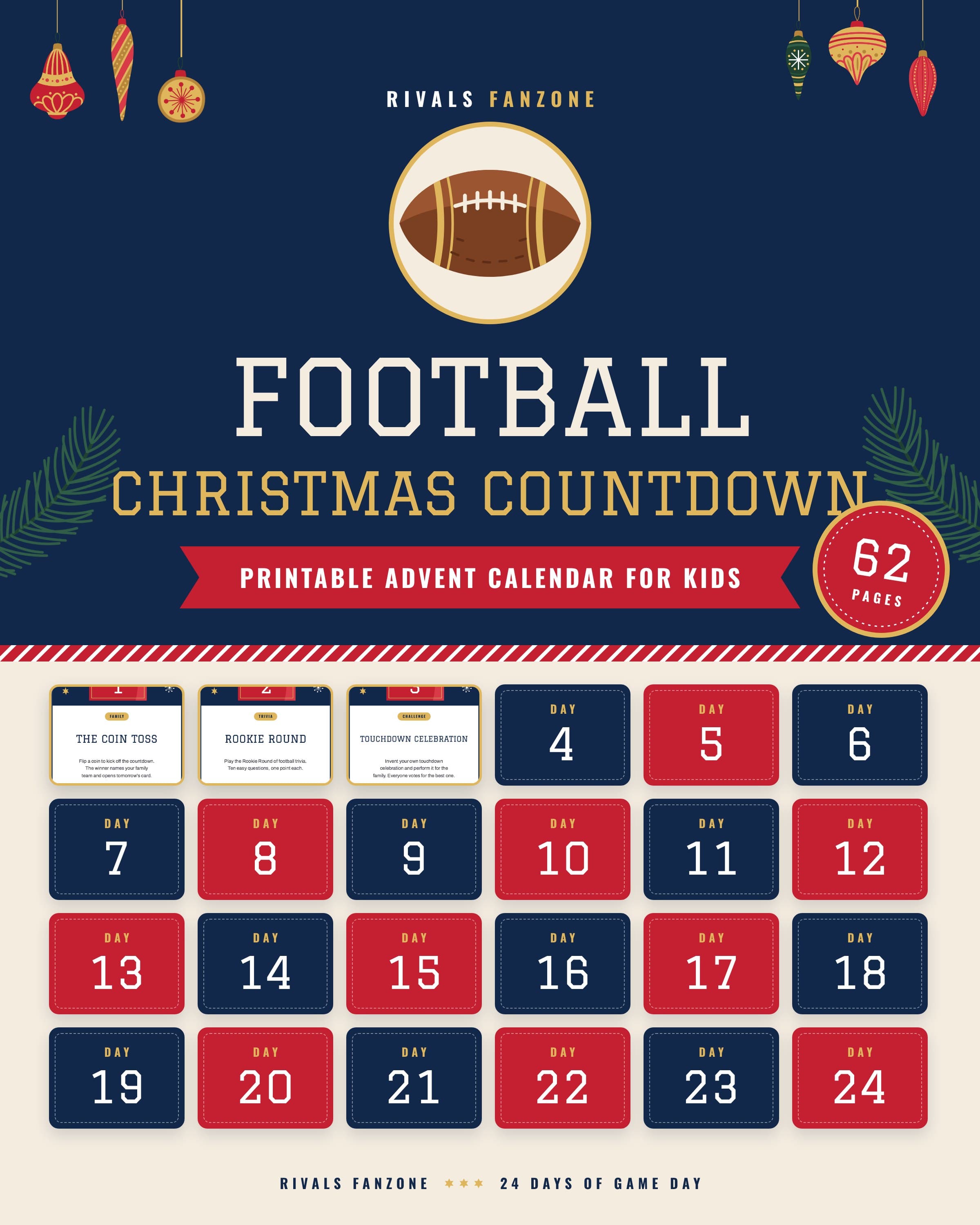 Football Christmas countdown for kids, 24 Days of Game Day printable, 62 pages