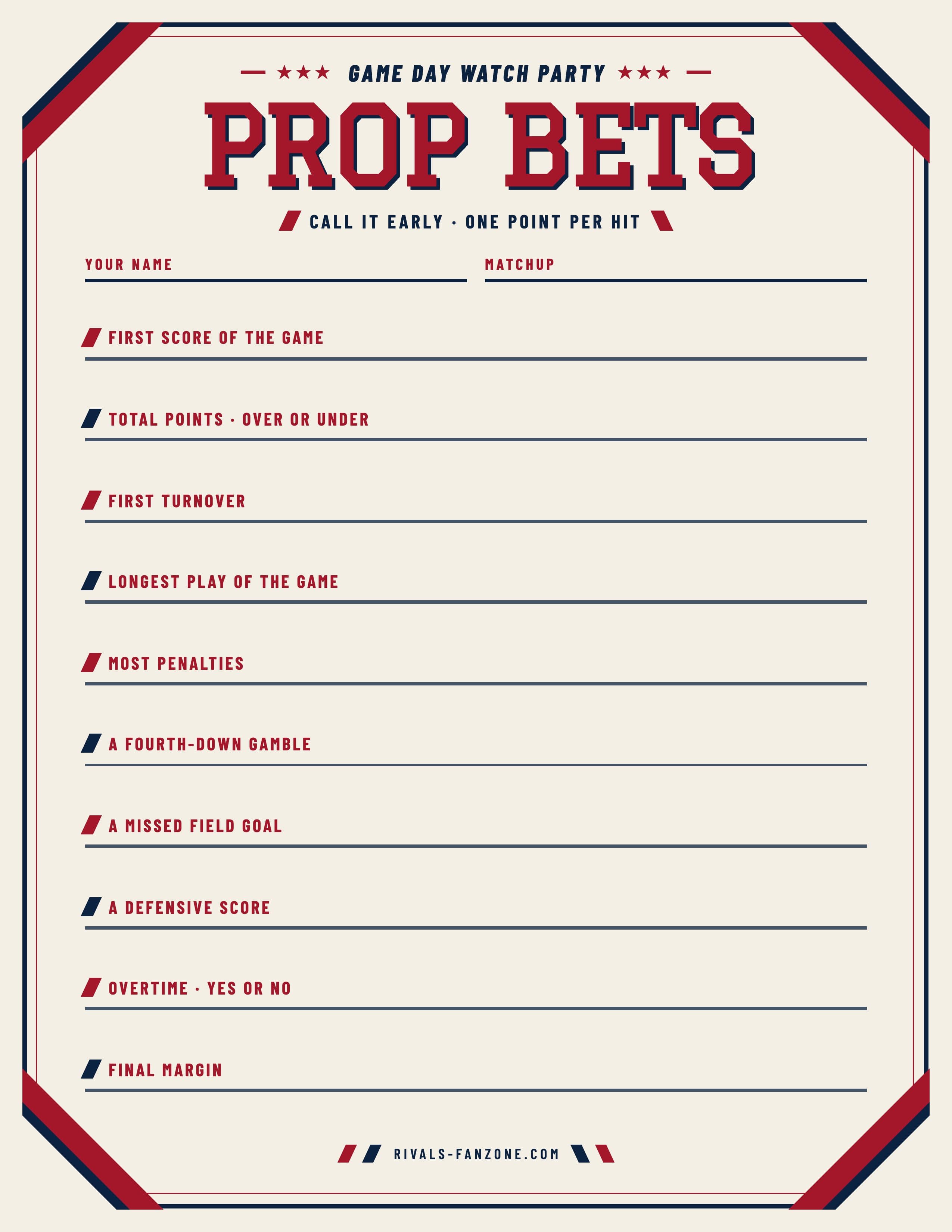 Prop Bets Call Sheet – Printable Game Day Predictions