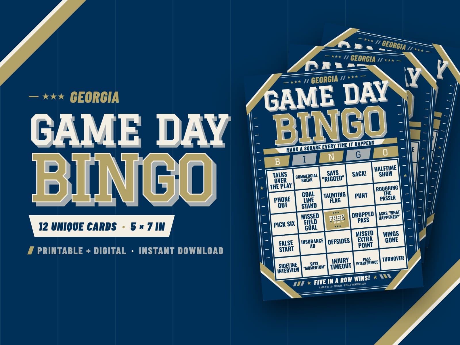Georgia Football Bingo (Old Gold & Navy) – 12 Card Pack — preview 1